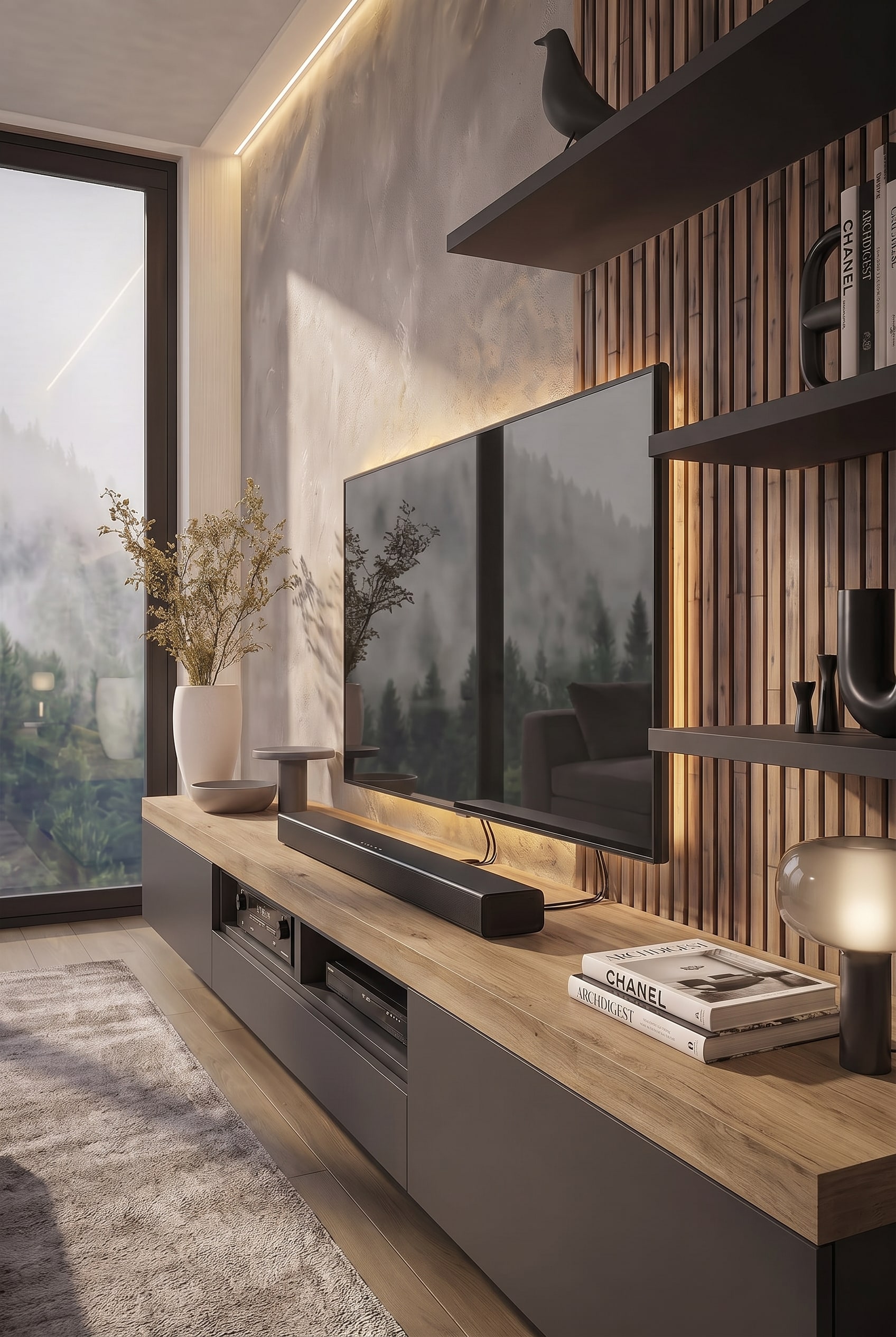 Salon avec meuble bas Livitalia C101, décoré de beaux livres et d'une lampe design