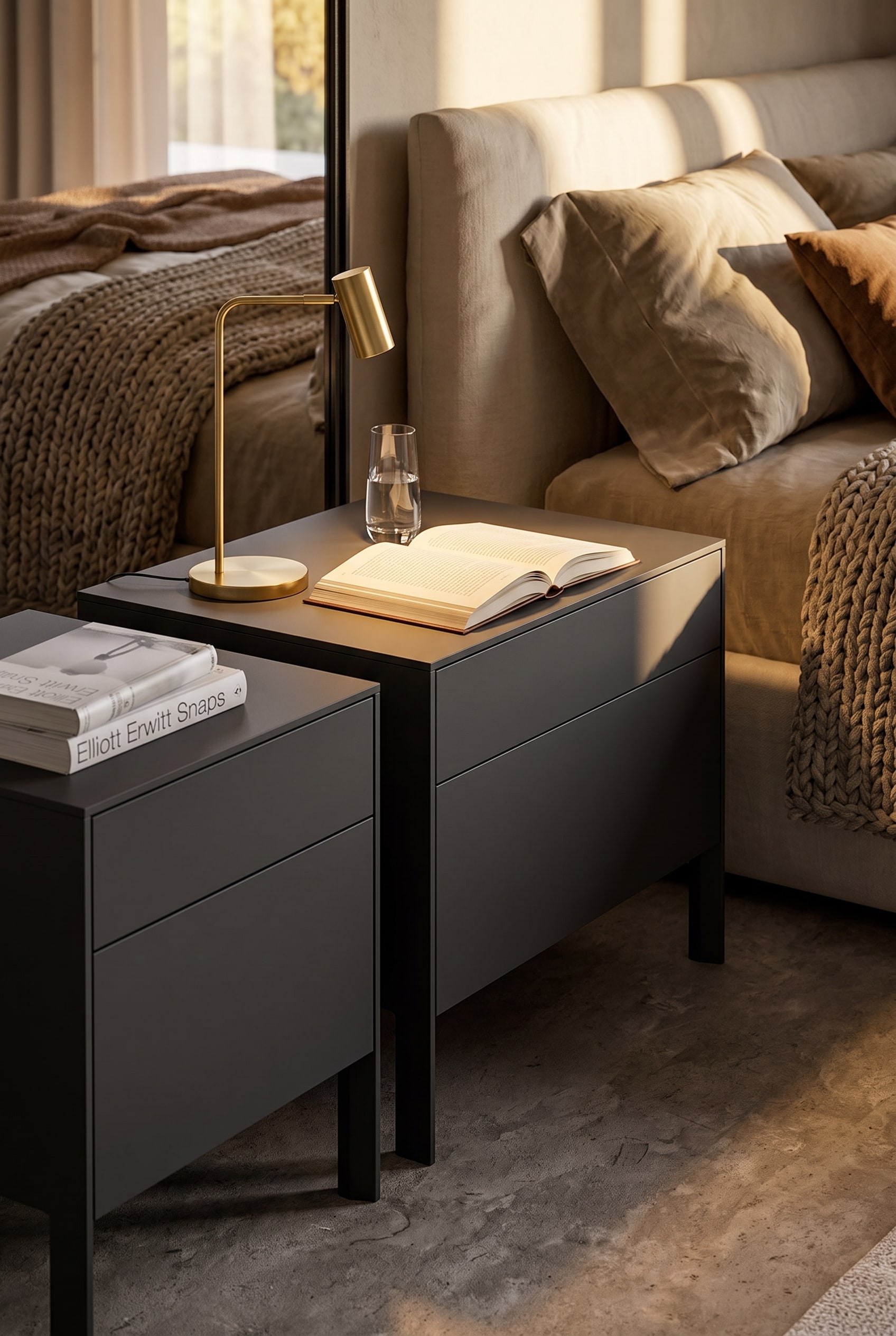 Vue d&eacute;taill&eacute;e d'une table de chevet luxueuse avec plateau structur&eacute;, sur laquelle se trouvent une lampe de lecture et un livre, dans une lumi&egrave;re chaude