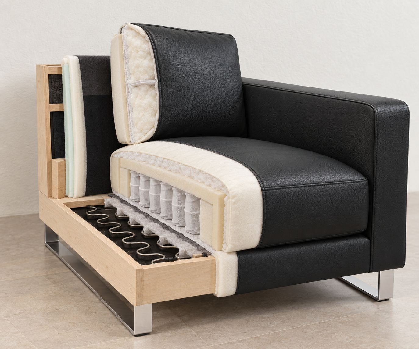 Livitalia Canapé Vinaro, 206 × 91 cm, Seminole 04 Noir, cuir véritable, piètement chromé – Coupe du rembourrage Livitalia Canapé Vinaro, 206 × 91 cm, Seminole 04 Noir, cuir véritable, piètement chromé – Coupe du rembourrage
