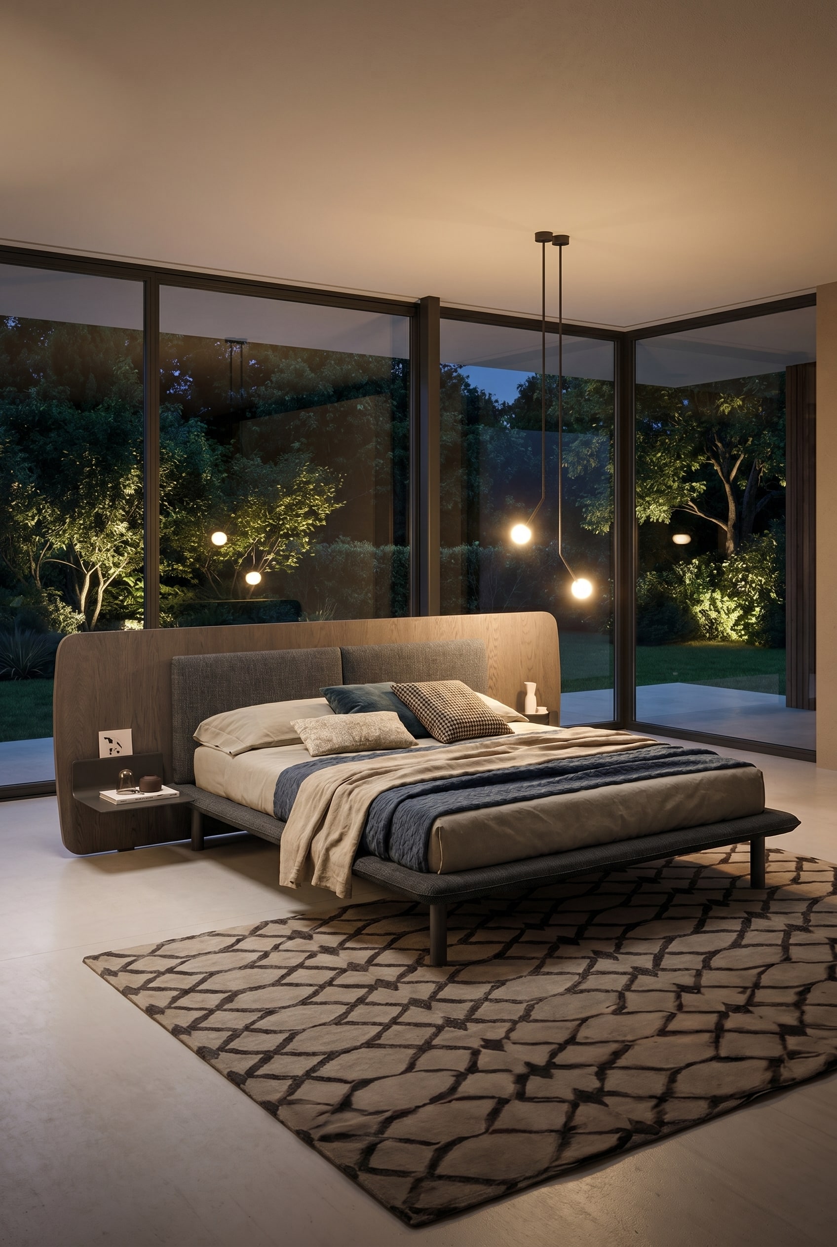 Chambre sombre avec lit en bois incluant des rangements int&eacute;gr&eacute;s et des suspensions pendantes