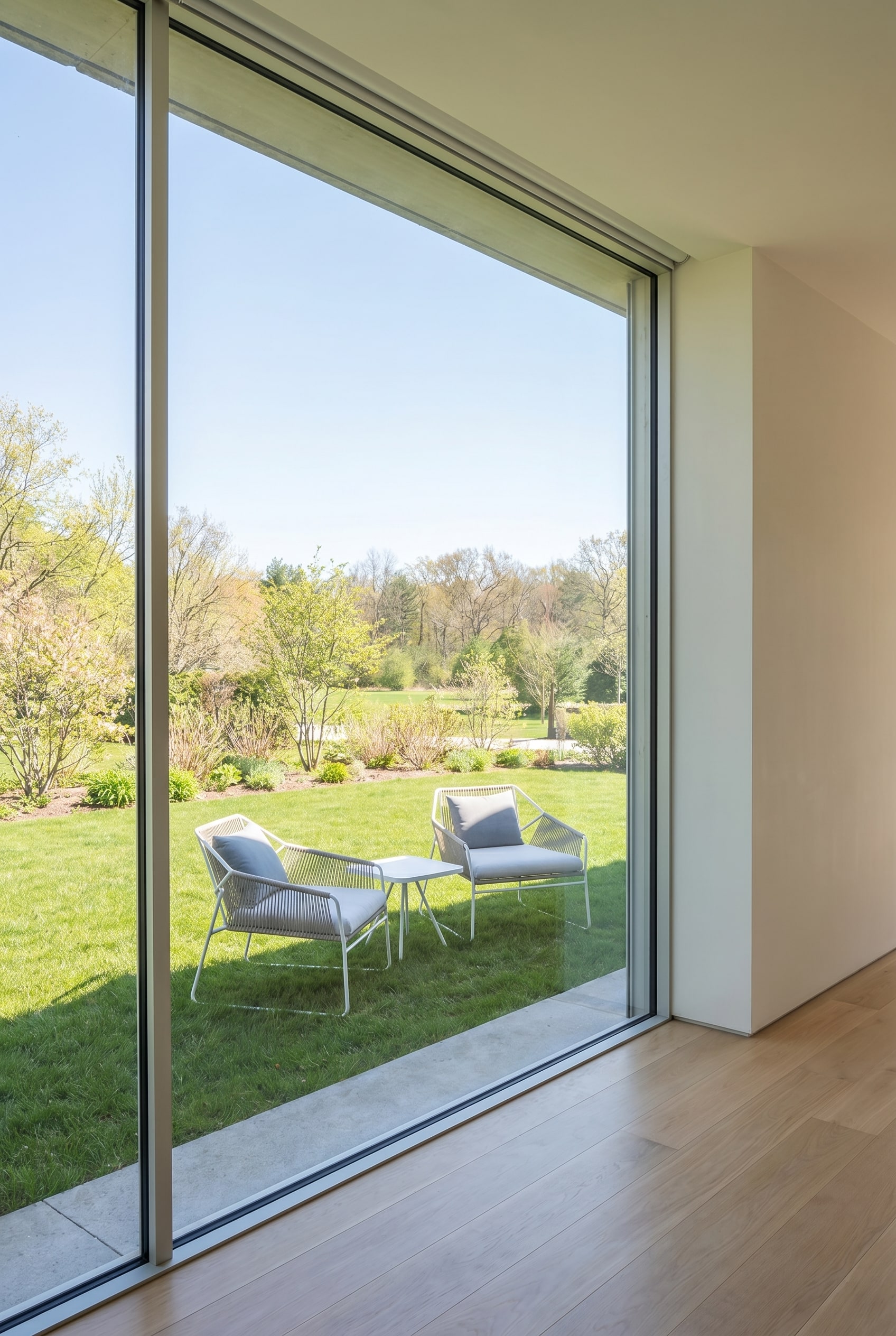 Un coin salon de jardin inond&eacute; de soleil au printemps, perspective centr&eacute;e sur l'am&eacute;nagement design