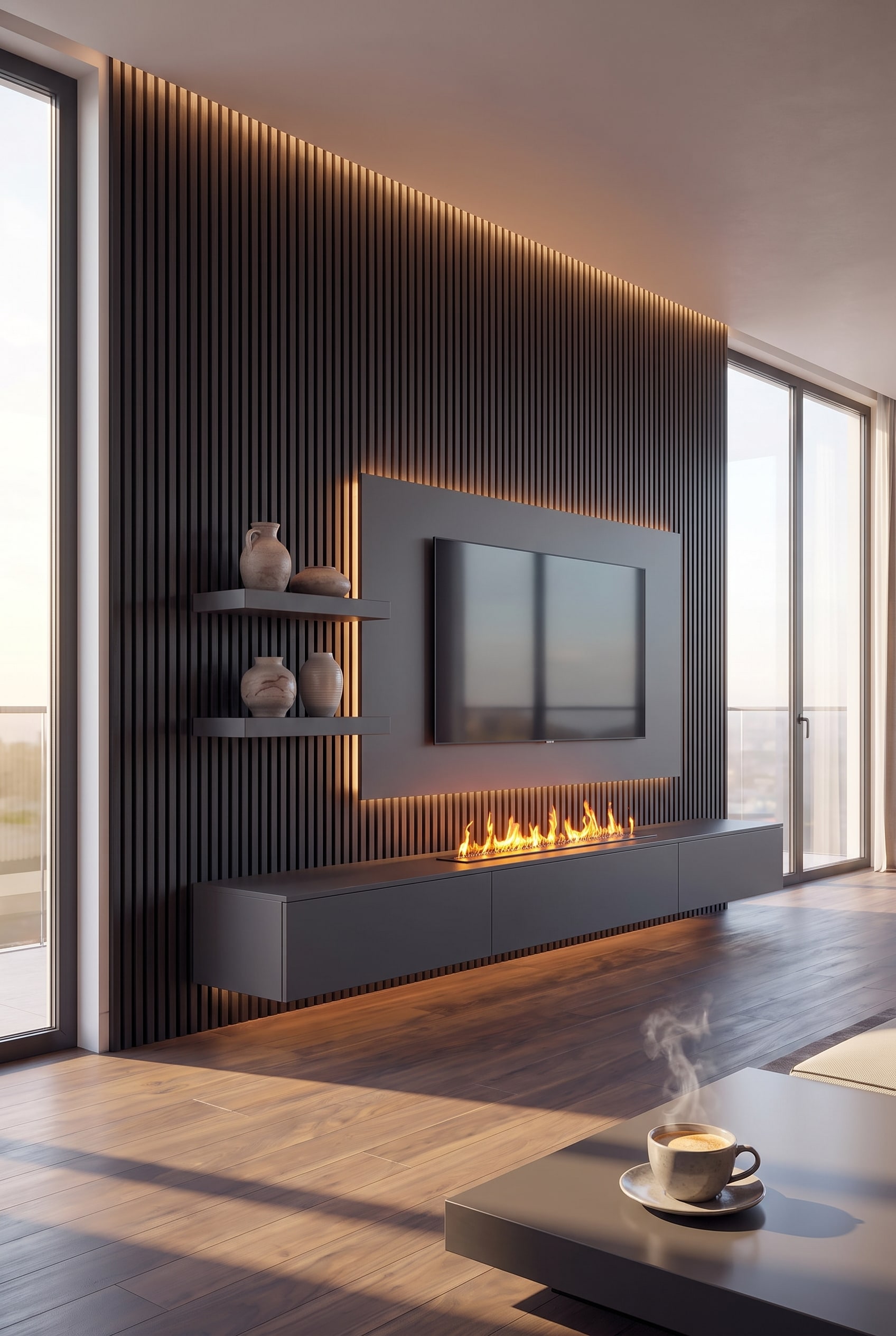 Meuble TV Livitalia C108 dans un loft spacieux avec des panneaux acoustiques éclairés indirectement et une atmosphère chaleureuse