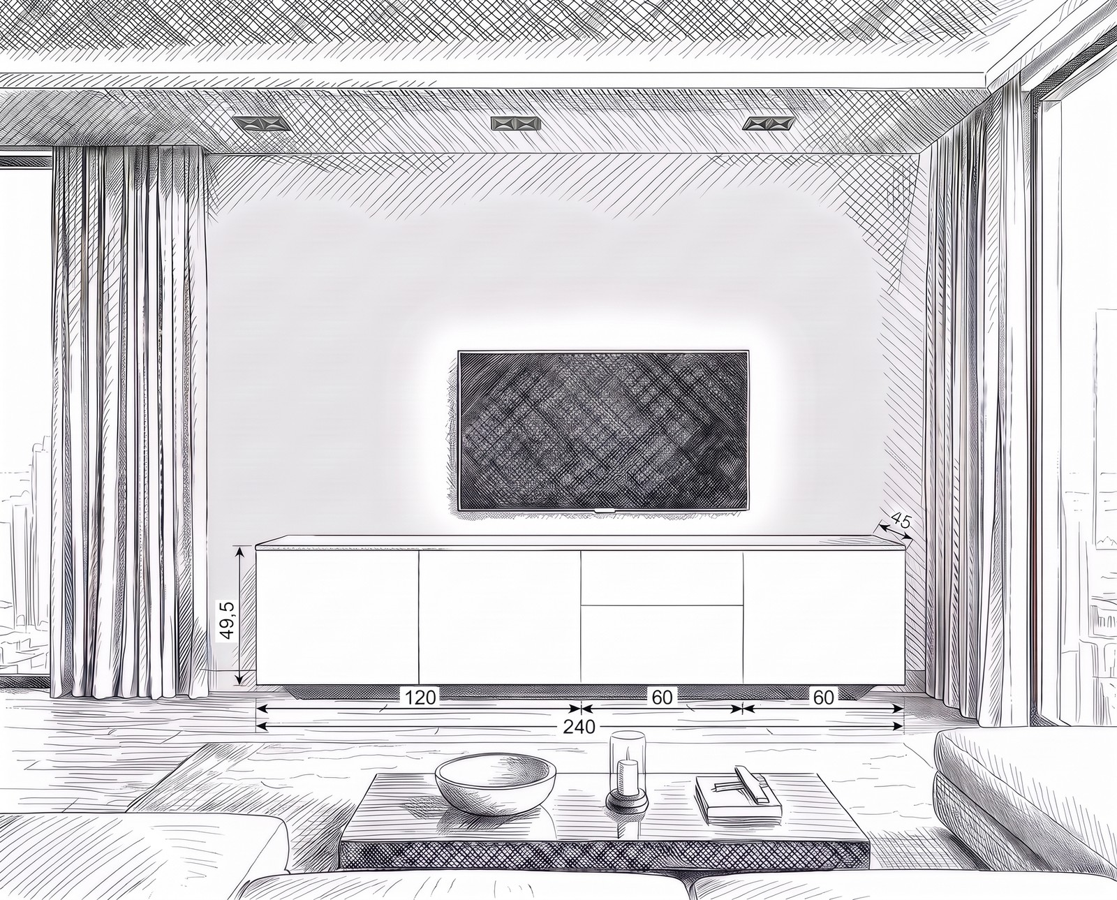 Maßskizze TV-Sideboard Spaziora B 240 cm mit allen Maßen in cm Maßskizze TV-Sideboard Spaziora B 240 cm mit allen Maßen in cm