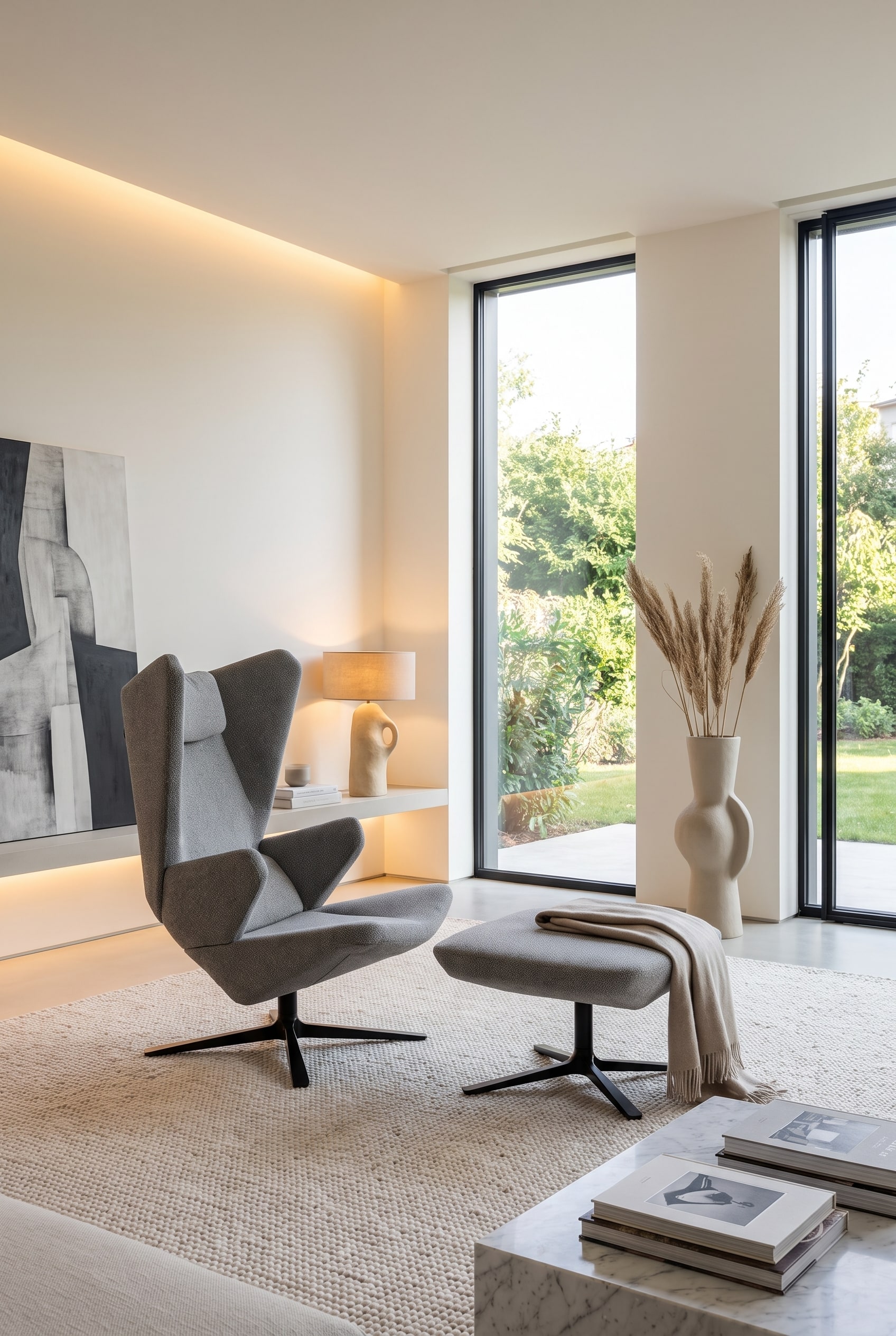 Salon blanc lumineux avec de grandes fen&ecirc;tres et un fauteuil pivotant sculptural &agrave; dossier haut en gris
