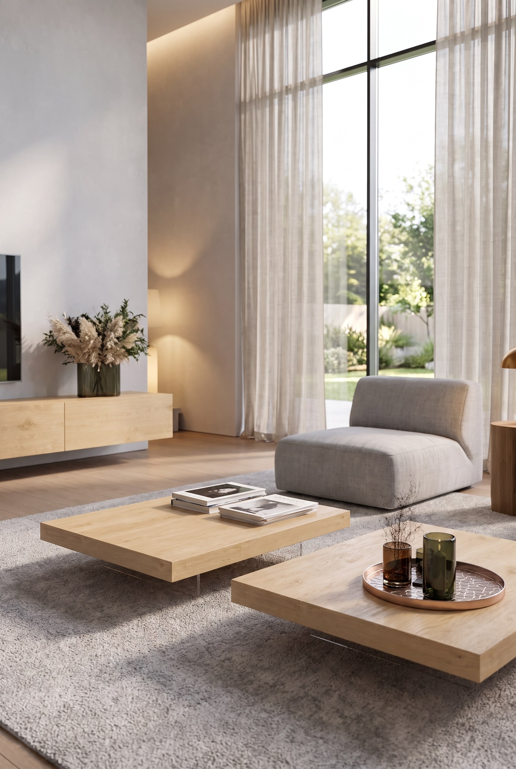 Salon avec une table basse extrêmement plate en chêne massif et un fauteuil lounge bas
