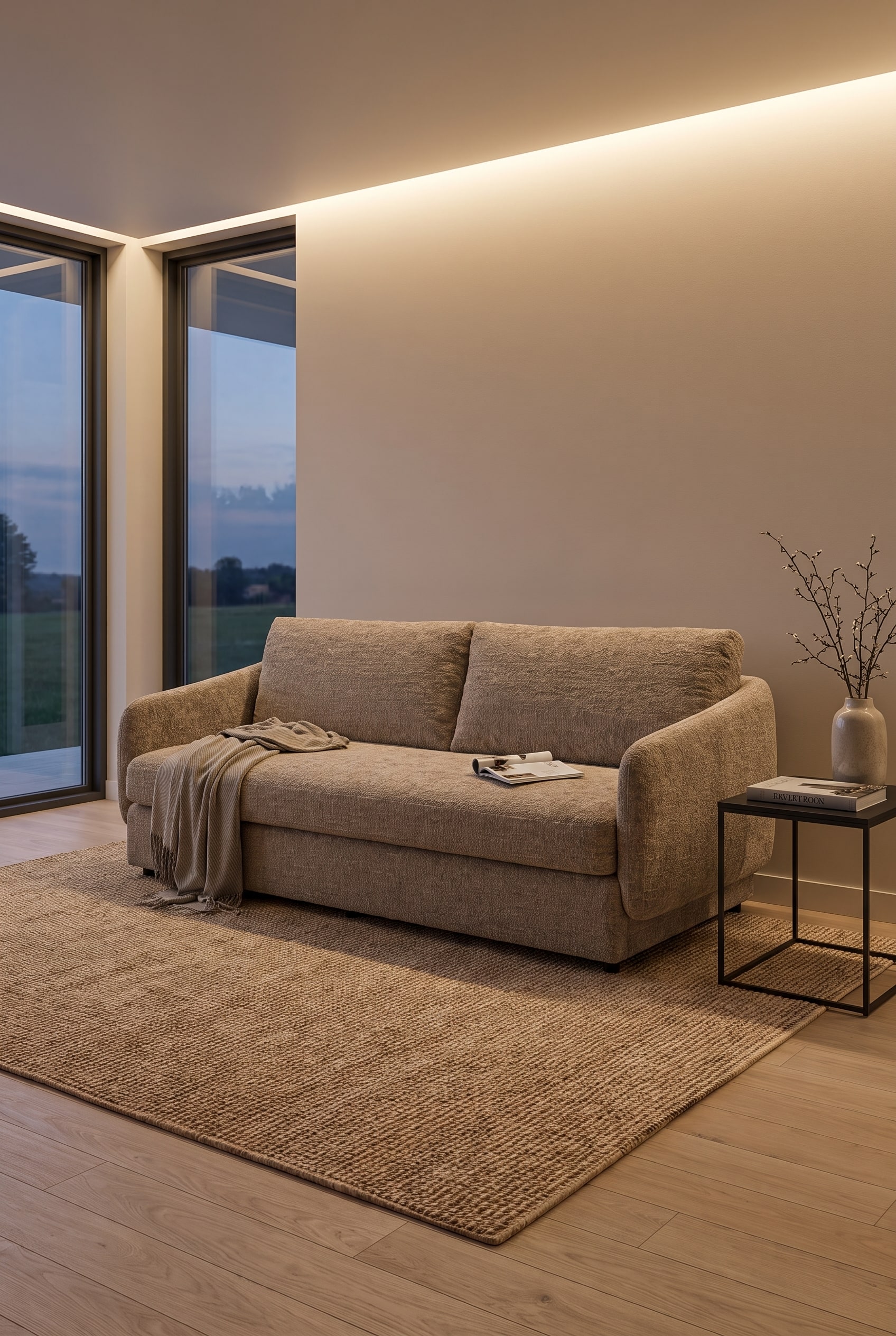 Chambre d'amis moderne avec le canap&eacute;-lit design Pragaverro, accoudoirs arrondis en beige, un beau livre d'art sur la table d'appoint et un &eacute;clairage indirect chaleureux