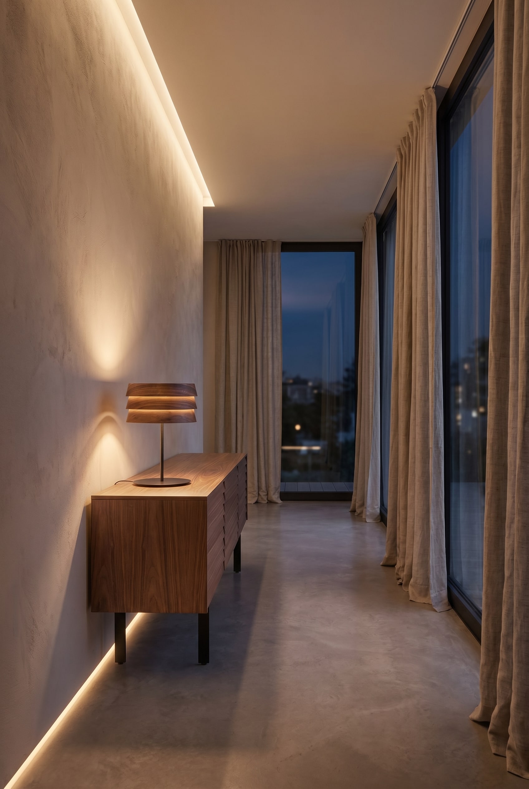 Salon moderne avec plan étroit, buffet en noyer et lampe de table en bois au design superposé sous une douce lumière du soir