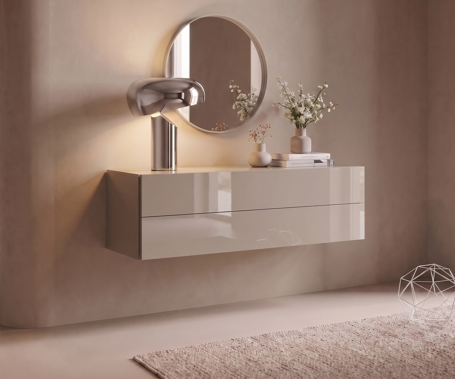 Novamobili Easy zwevend dressoir zandbeige Novamobili Easy zwevend dressoir. Wandgemonteerde ladekast in hoogglans zandbeige voor een moderne, minimalistische hal.