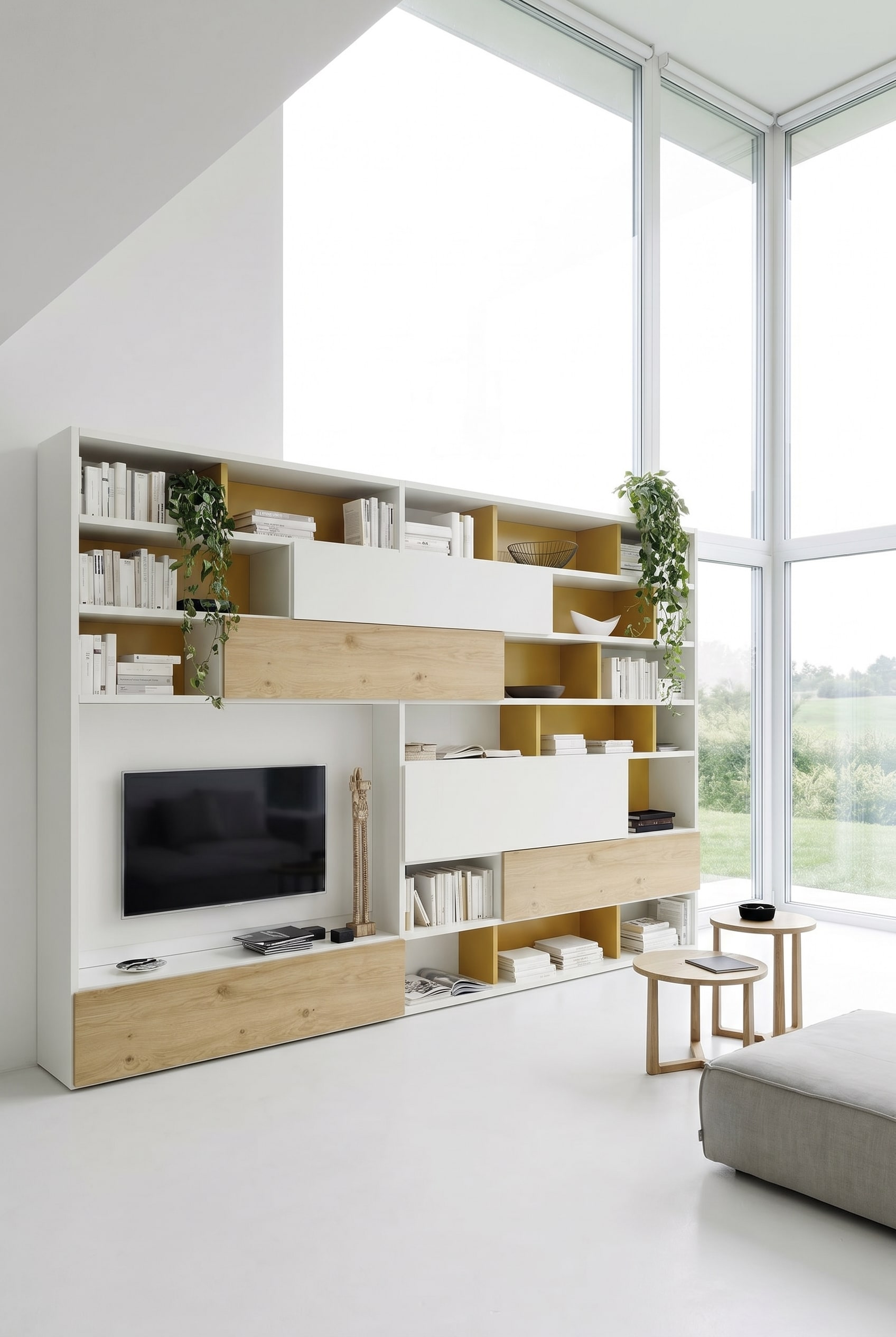 Salon avec &eacute;tag&egrave;re C51 en ch&ecirc;ne clair et blanc, d&eacute;cor&eacute;e de beaux livres et d'une sculpture minimaliste