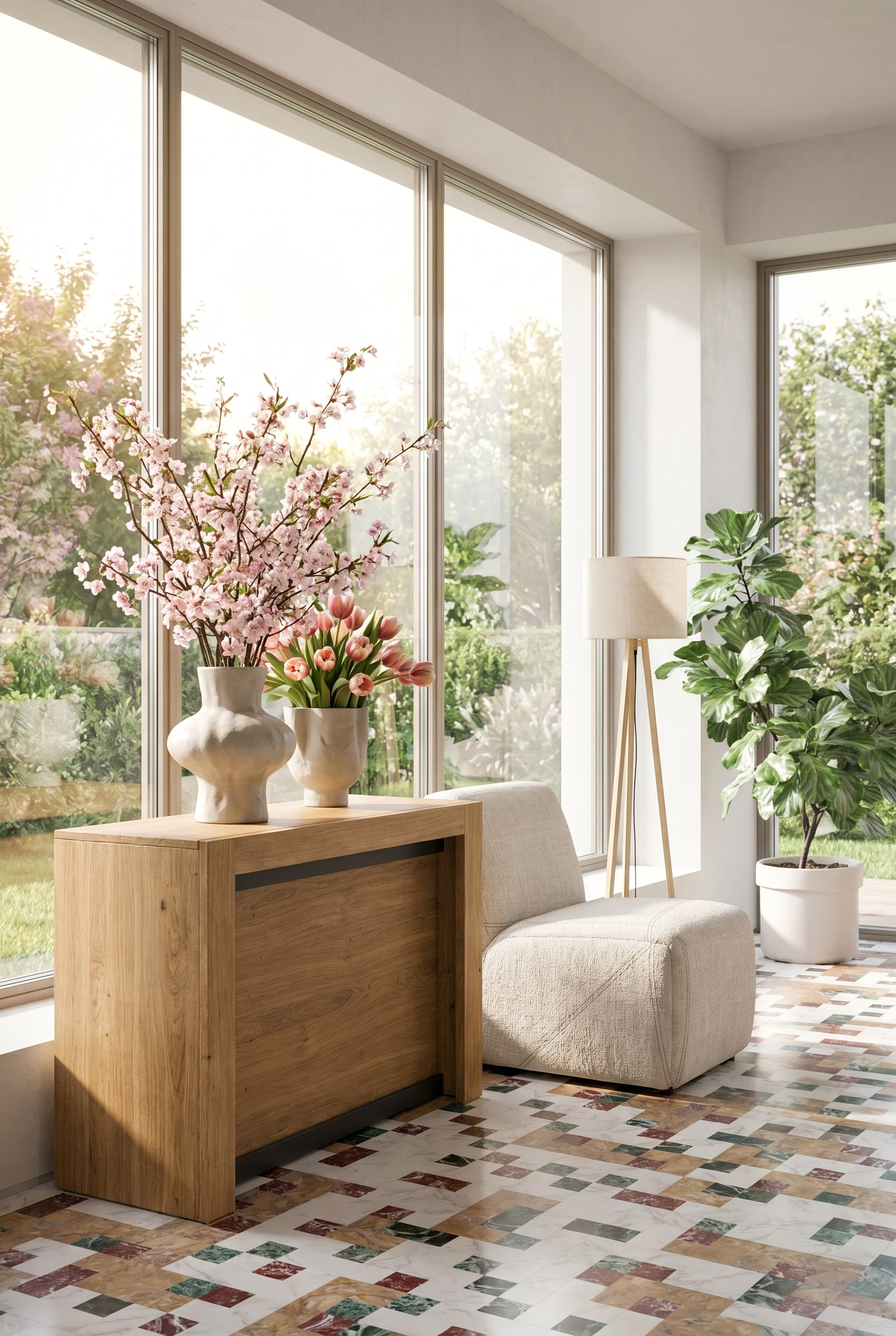 Entr&eacute;e accueillante avec console en ch&ecirc;ne massif, fauteuil beige, lampadaire scandinave et grand cache-pot en c&eacute;ramique