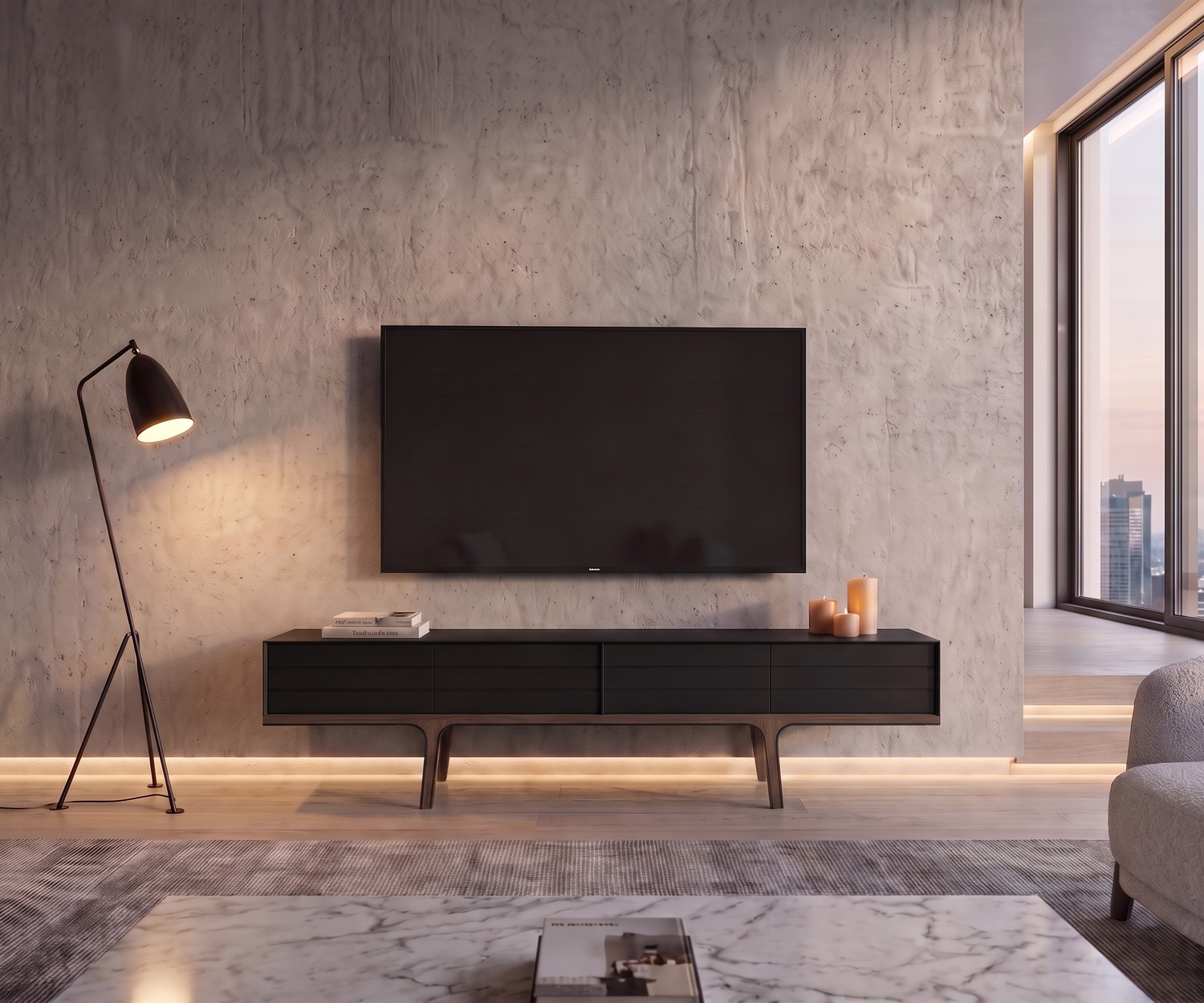 al2 Mobius 004 TV-lowboard voor de woonkamer al2 Mobius 004 TV-lowboard in moderne woonkamer onder de televisie, donker design met houten poten en betonwand.