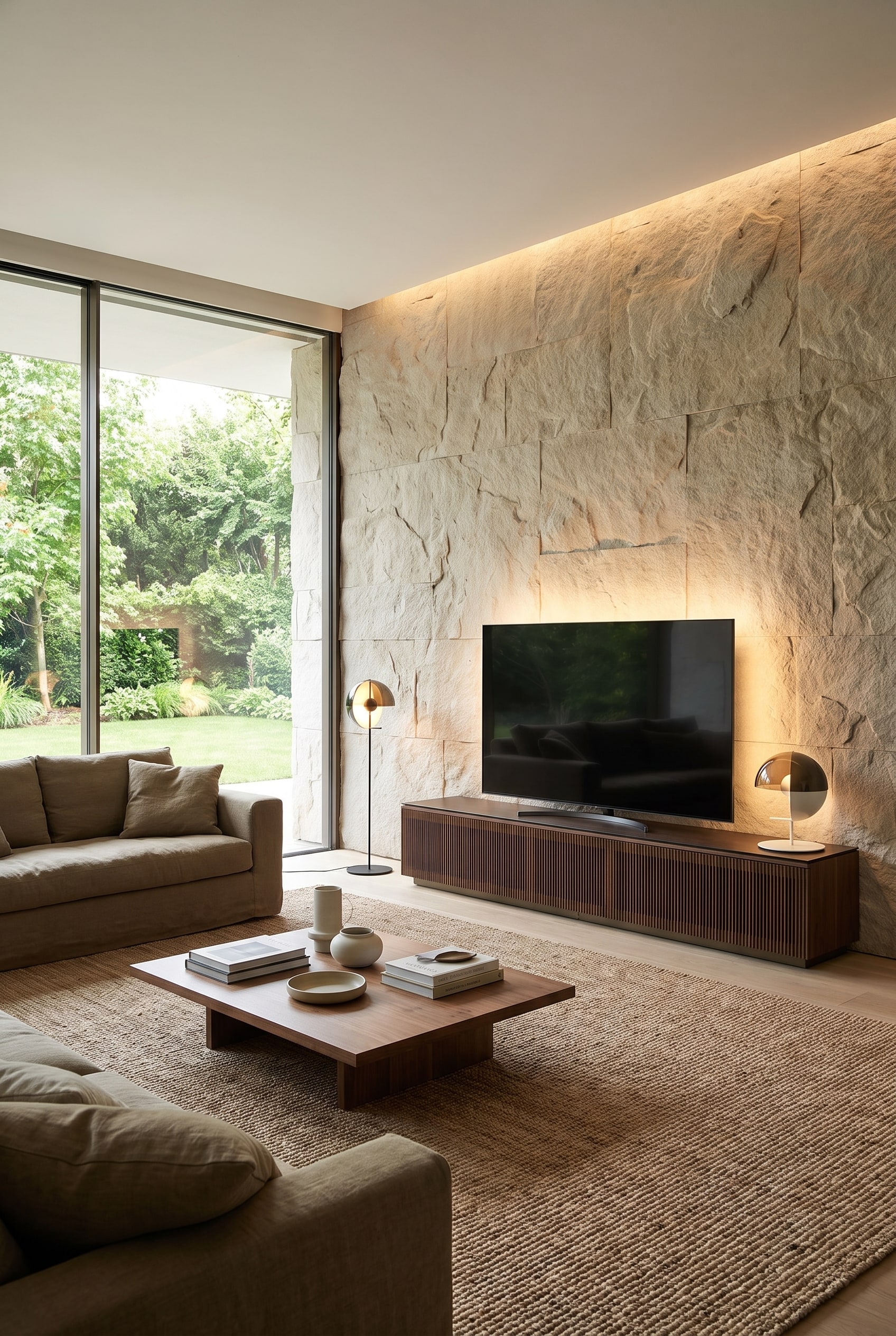 Mur en pierre naturelle derrière la télévision dans des tons terreux chauds avec éclairage LED indirect et vue sur le jardin à travers de grandes fenêtres.