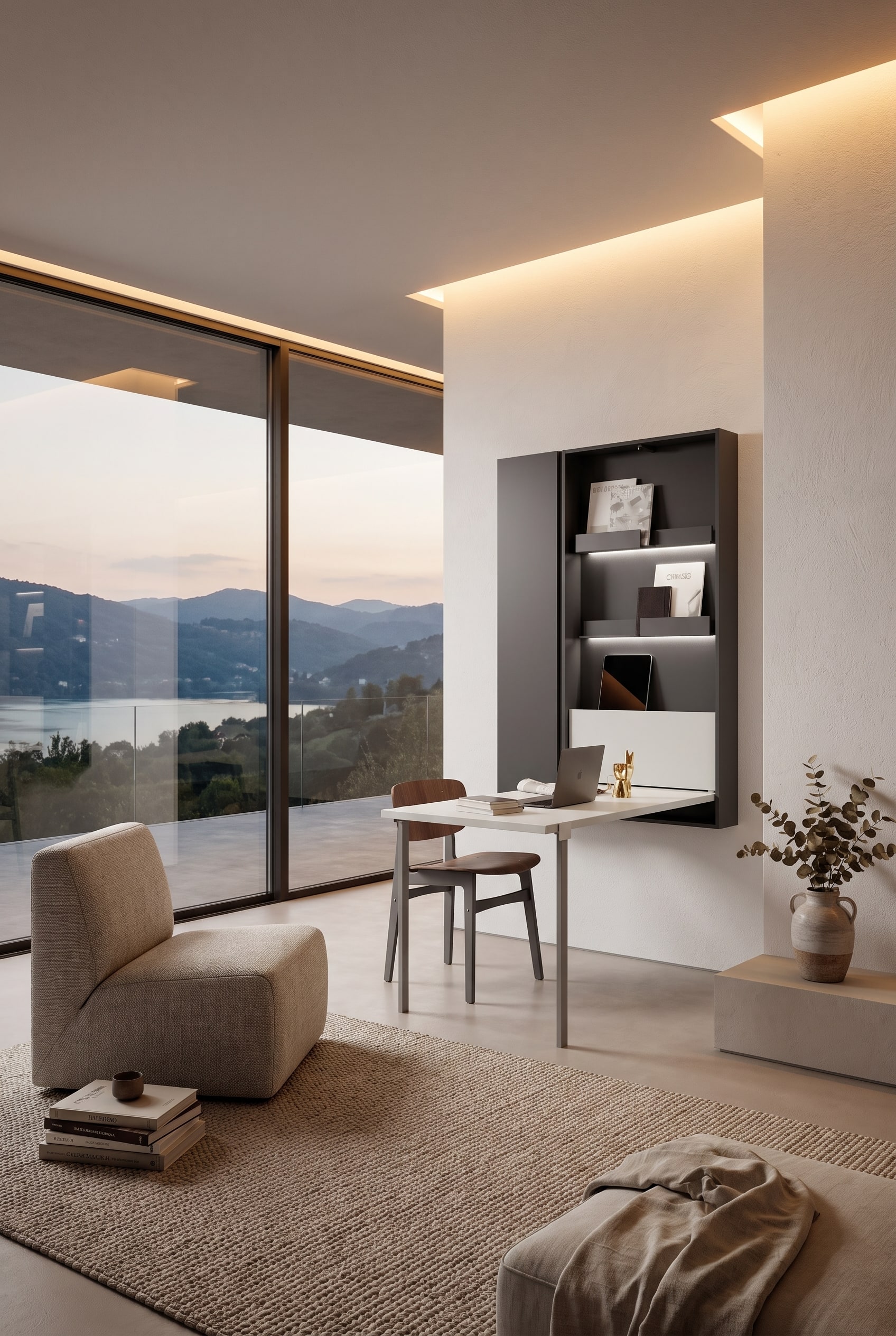 Salon moderne avec une table murale pliante blanche ferm&eacute;e, un fauteuil minimaliste et un vase design avec des branches.
