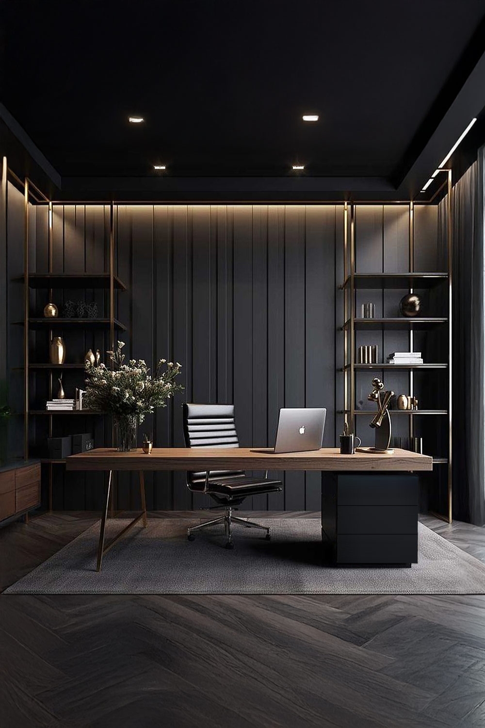 bureau-avec-bureau-minimaliste-commode-et-chaise-de-bureau-noble-devant-de-hautes-biblioth&egrave;ques-ouvertes