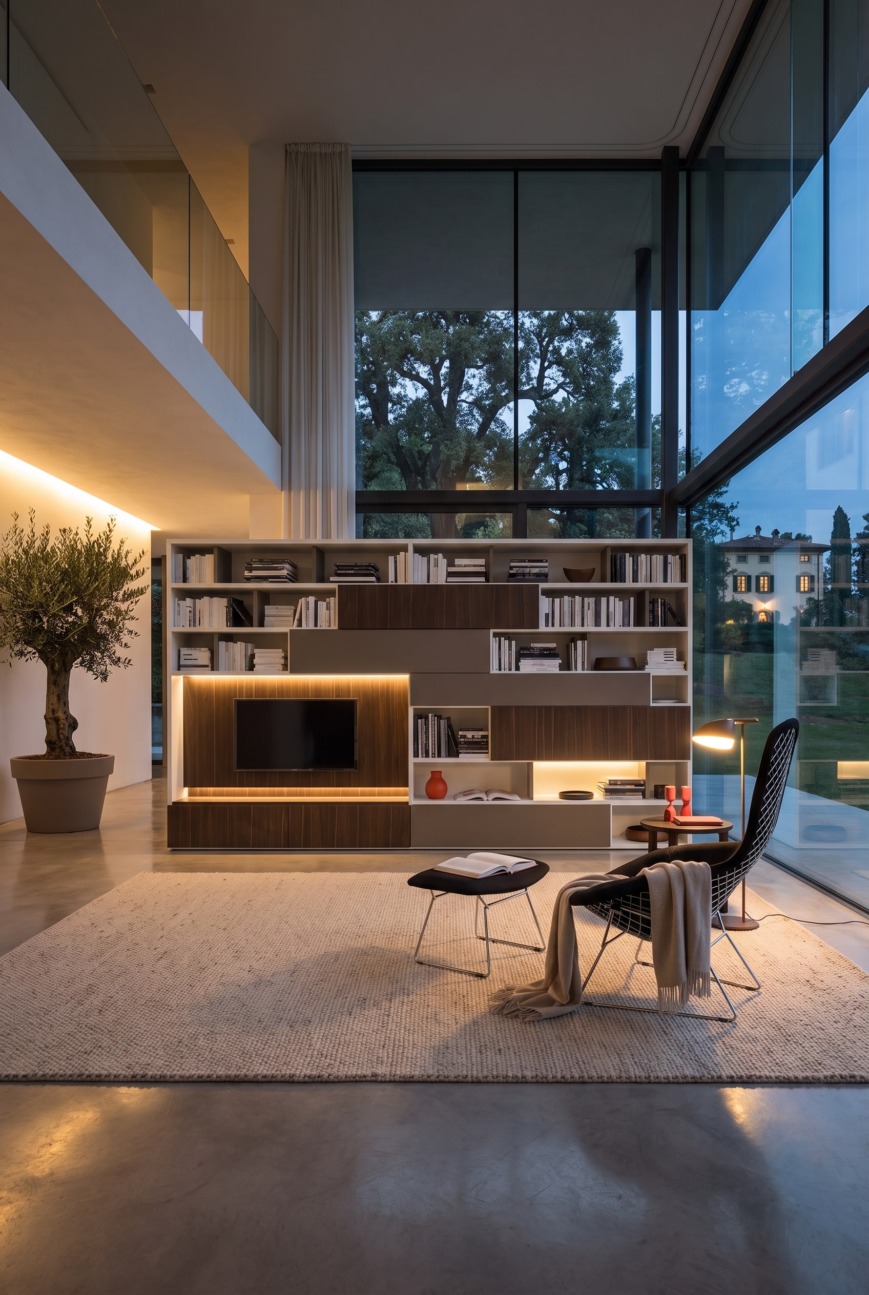 Salle de lecture architecturale avec une biblioth&egrave;que blanche pleine hauteur, une &eacute;chelle et un fauteuil de lecture &eacute;l&eacute;gant