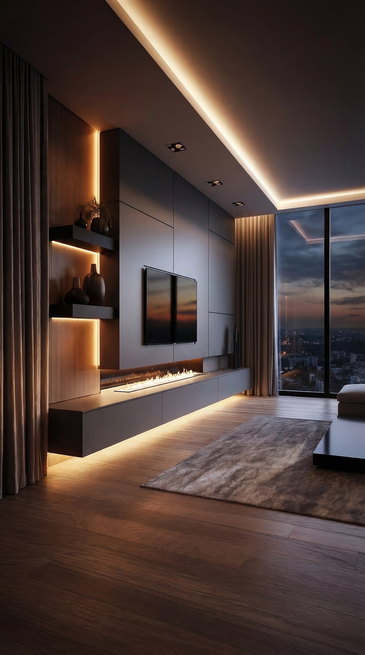 Luxuri&ouml;se Livitalia Wohnwand C102 mit integrierter, indirekter LED-Beleuchtung in einem modernen Wohnzimmer