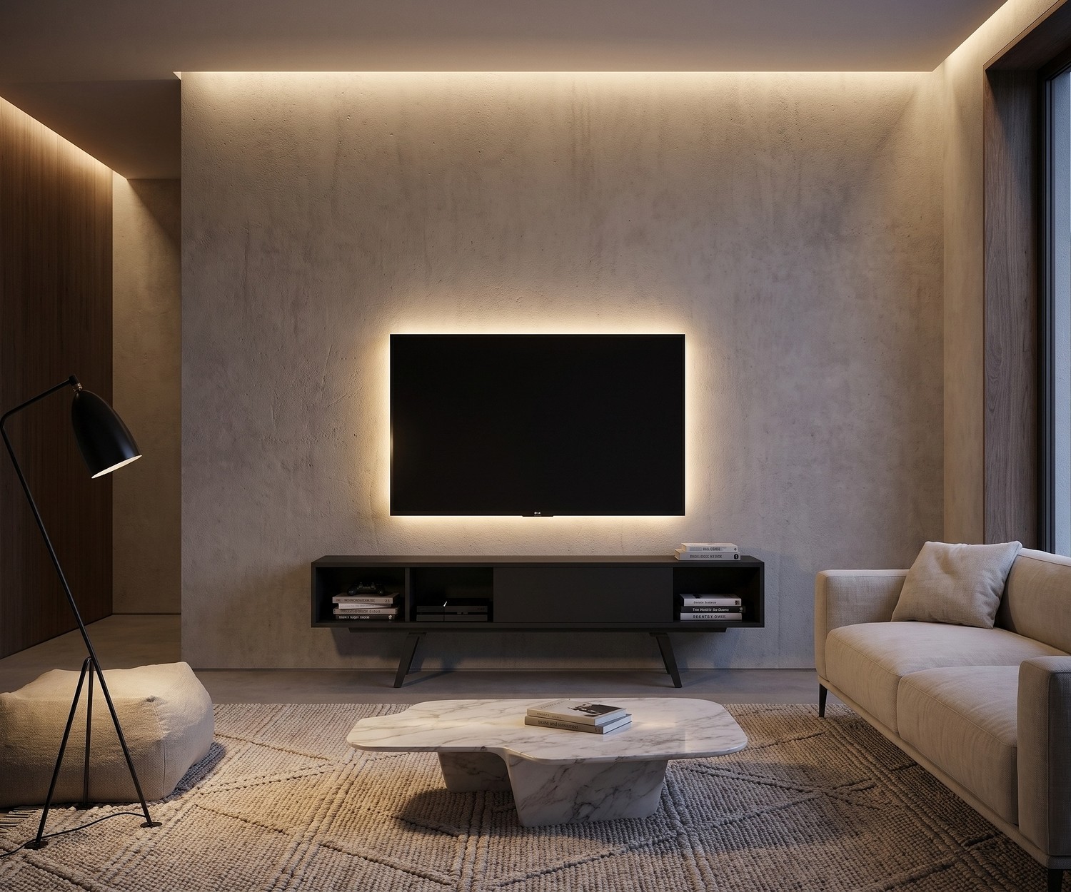 Meuble TV bas al2 e-klipse 005 dans un salon minimaliste sous un téléviseur rétroéclairé.