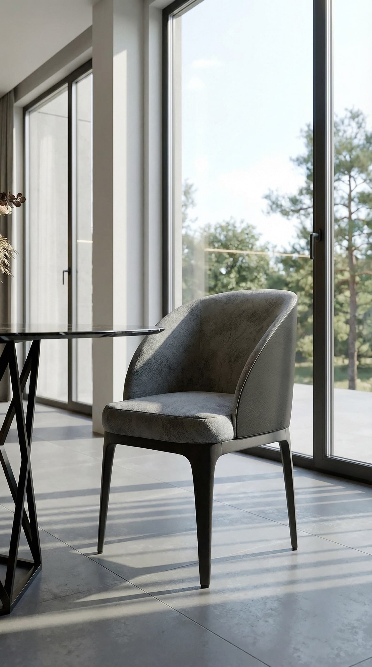 Fauteuil gris minimaliste devant une &eacute;l&eacute;gante table en marbre noir dans un coin repas moderne