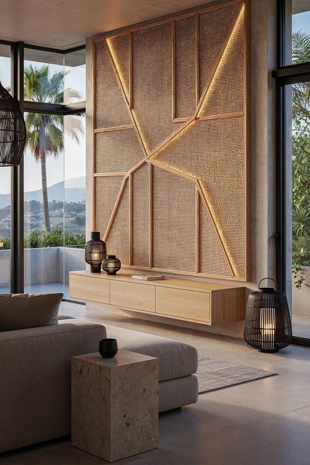 panneau-mural-en-rotin-eclaire-au-dessus-d-un-meuble-tv-bas-en-bois
