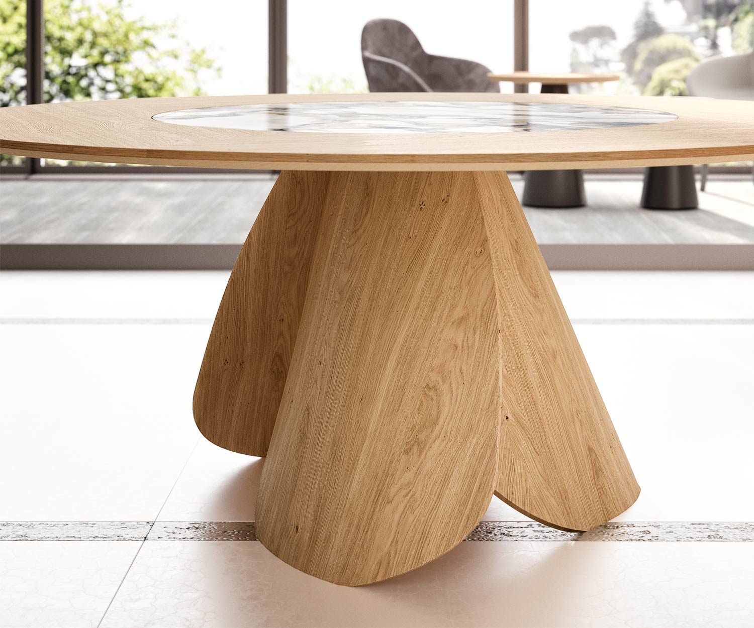 Table de salle à manger ronde en chêne naturel avec plateau tournant