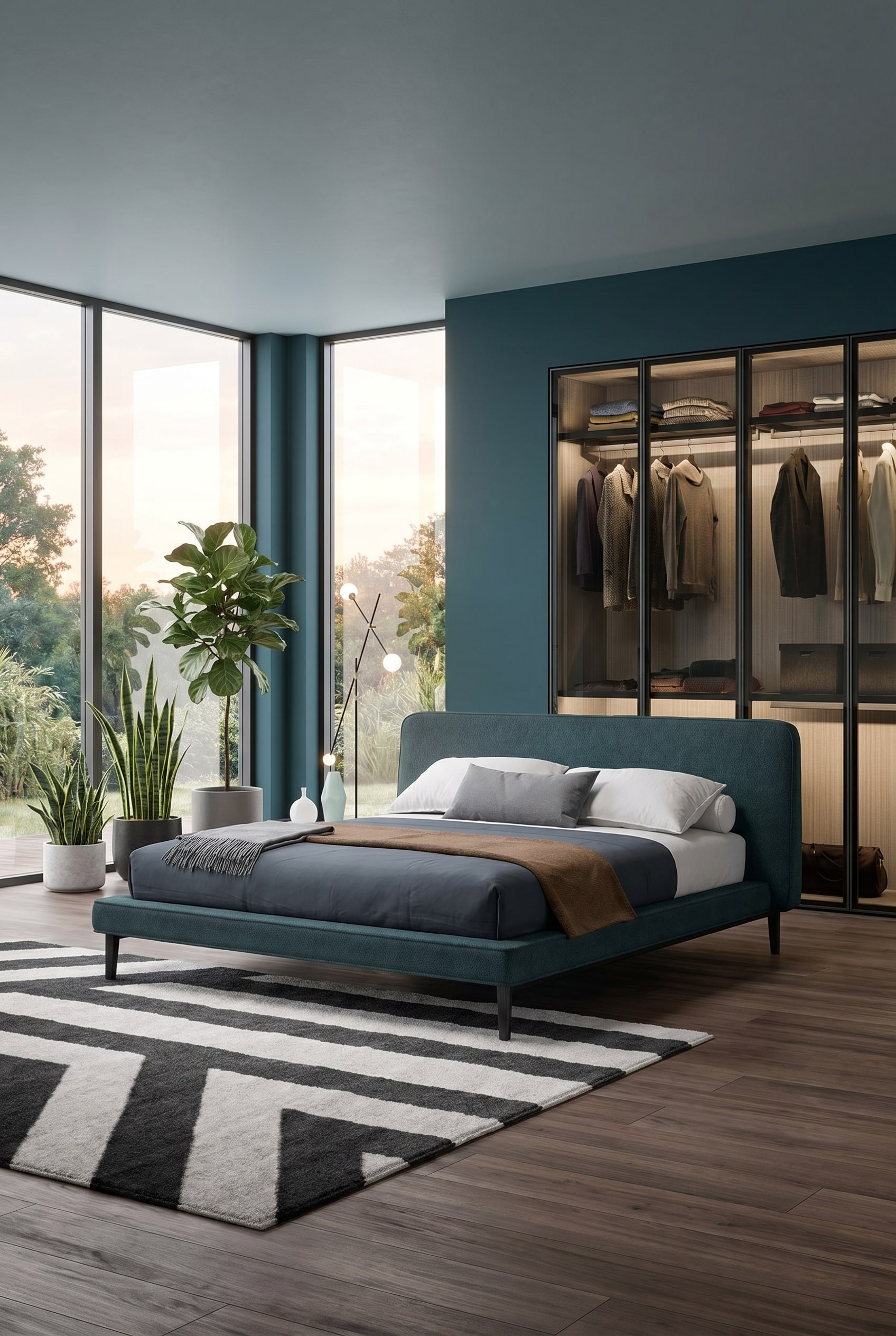 Chambre moderne avec un lit rembourr&eacute; bleu p&eacute;trole sur un tapis &agrave; motifs devant un mur clair avec un lampadaire noir