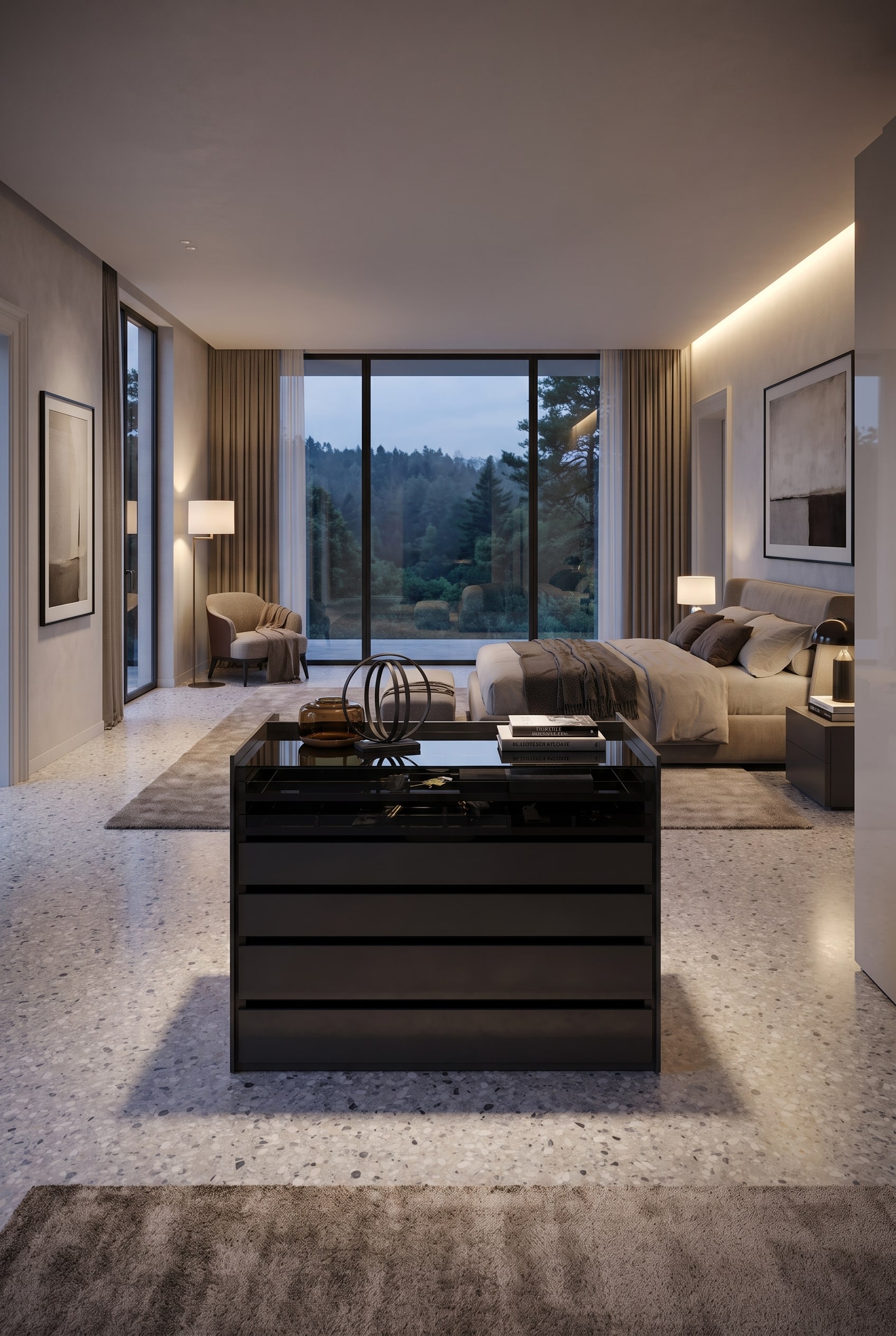 Îlot-armoire autoportant Novamobili Aristotele avec plateau en verre au milieu d'une grande chambre luxueuse