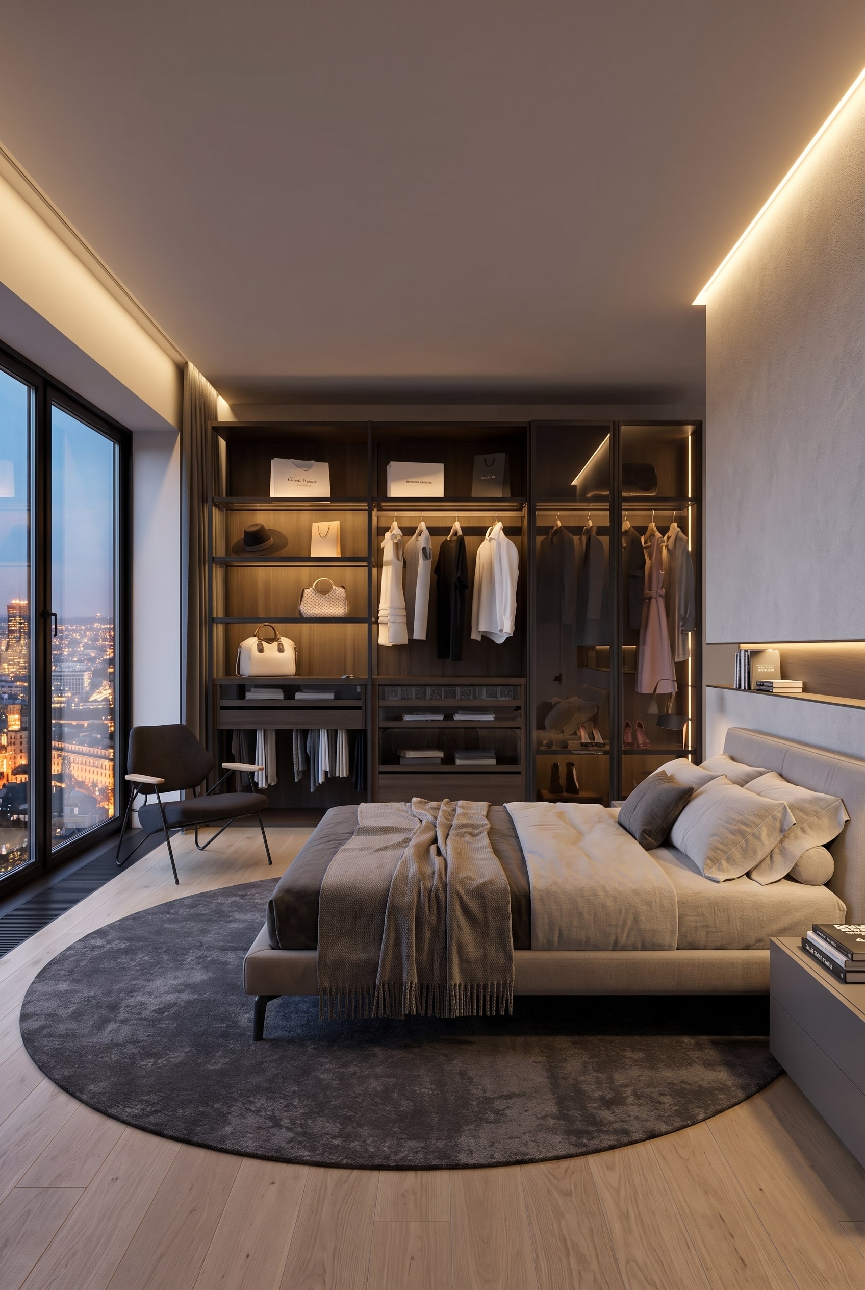 Chambre moderne avec tapis rond et un syst&egrave;me de dressing ouvert Livitalia Bellavista marron fonc&eacute; en arri&egrave;re-plan.