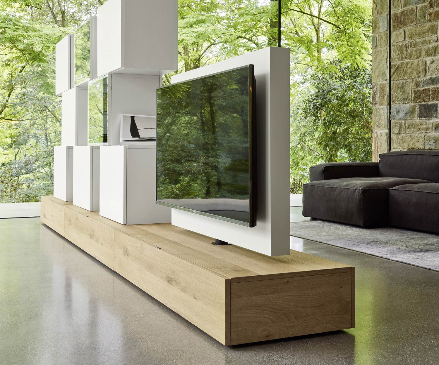 Exclusief Livitalia Design wandmeubel C46 met draaibaar TV-paneel in mat wit
