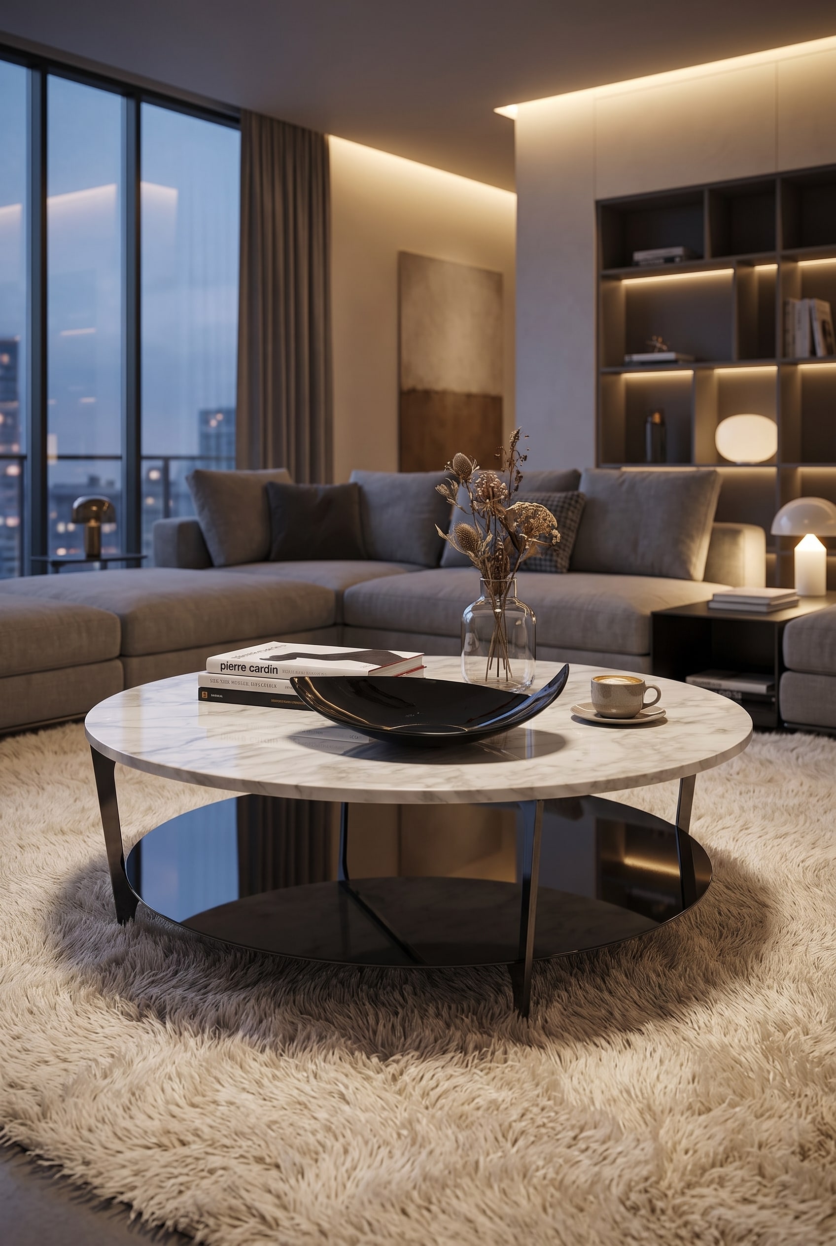 Salon de style italien luxueux avec une table basse filigrane, dot&eacute;e d'un plateau fin et &eacute;l&eacute;gant en aspect marbre brun fonc&eacute;, reposant sur un pi&egrave;tement d&eacute;licat.