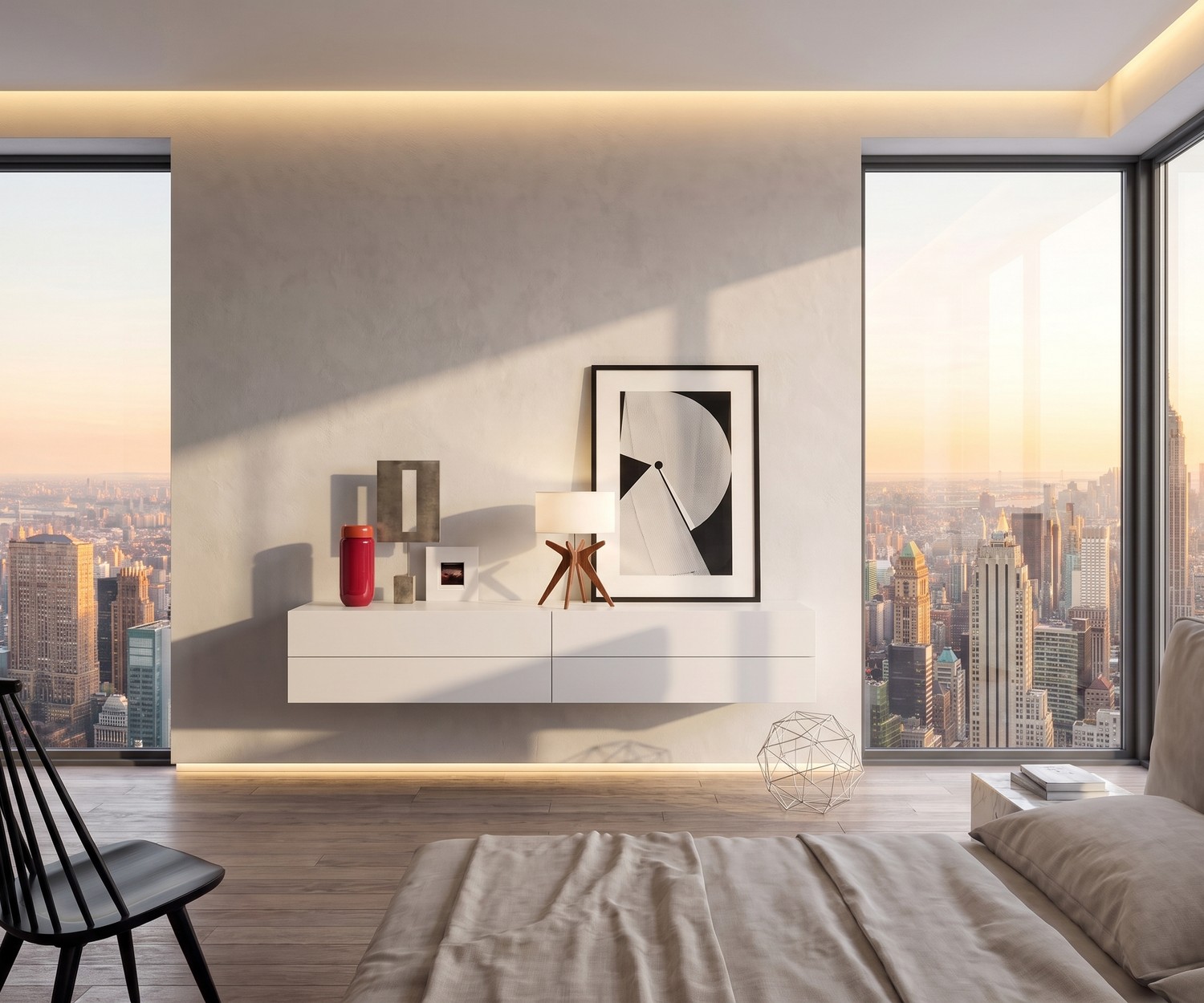 Commode suspendue blanche 4 tiroirs Novamobili Easy Commode suspendue de chambre : modèle Novamobili Easy blanc à 4 tiroirs dans un intérieur minimaliste avec vue urbaine.