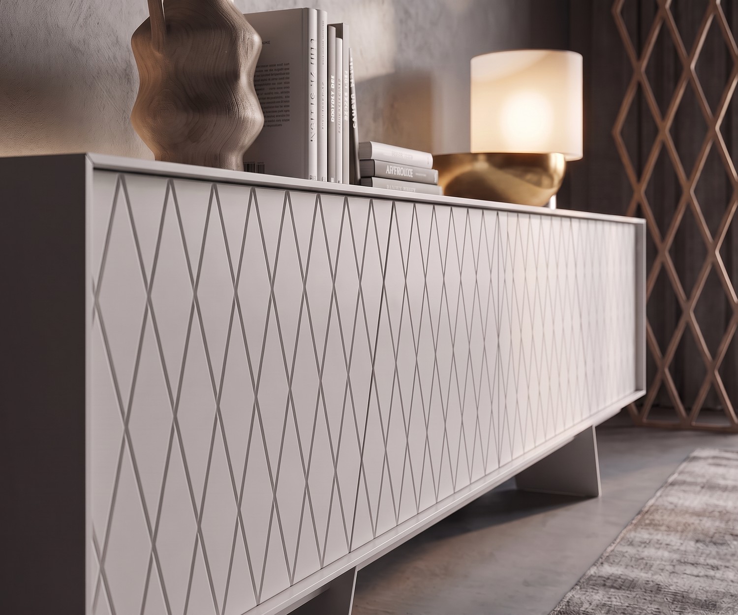 Buffet al2 e-klipse 003 avec motif à losanges dans un salon moderne, buffet design blanc devant un mur gris.
