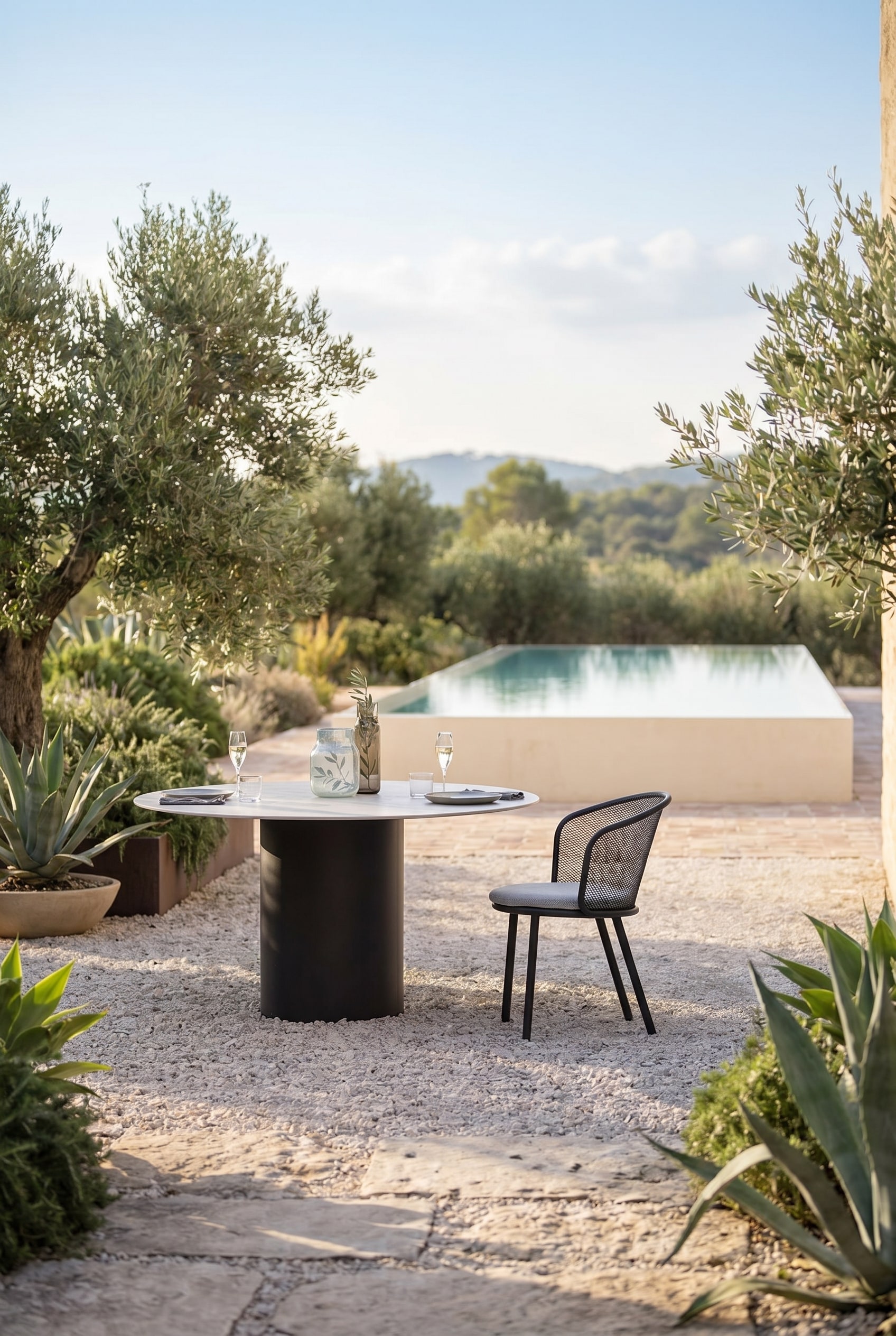 Terrasse en gravier clair avec table d'ext&eacute;rieur ronde et chaises de jardin modernes avec dossier incurv&eacute; en m&eacute;tal d&eacute;ploy&eacute; noir
