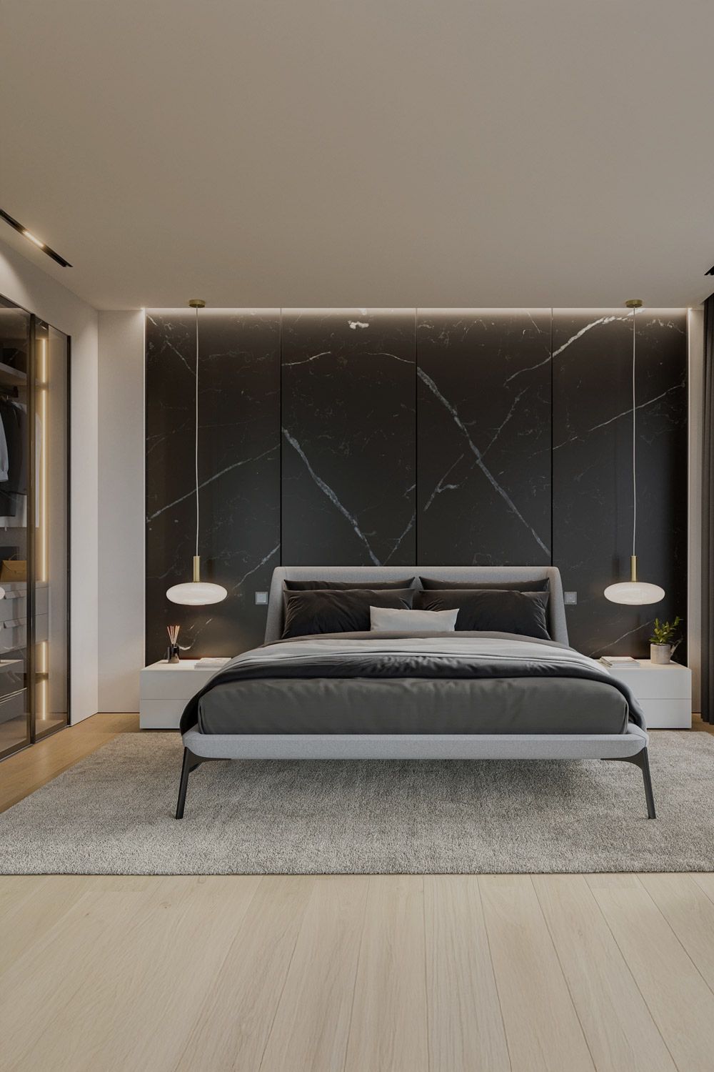 moderne-slaapkamer-met-filigraan-ontworpen-bed-greeploos-nachtkastje-en-transparante-kledingkast