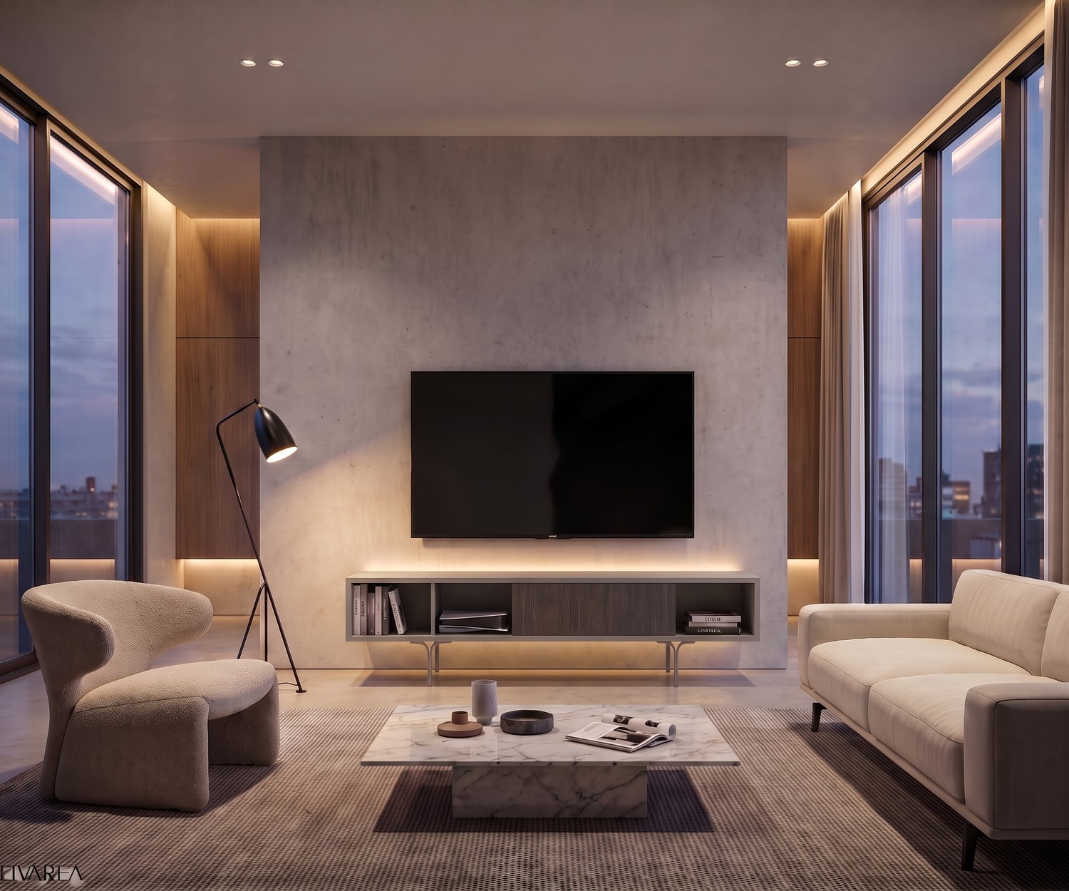 al2 Mobius 005 TV-lowboard in een moderne woonkamer met grijs frame, houten lade en slanke metalen poten