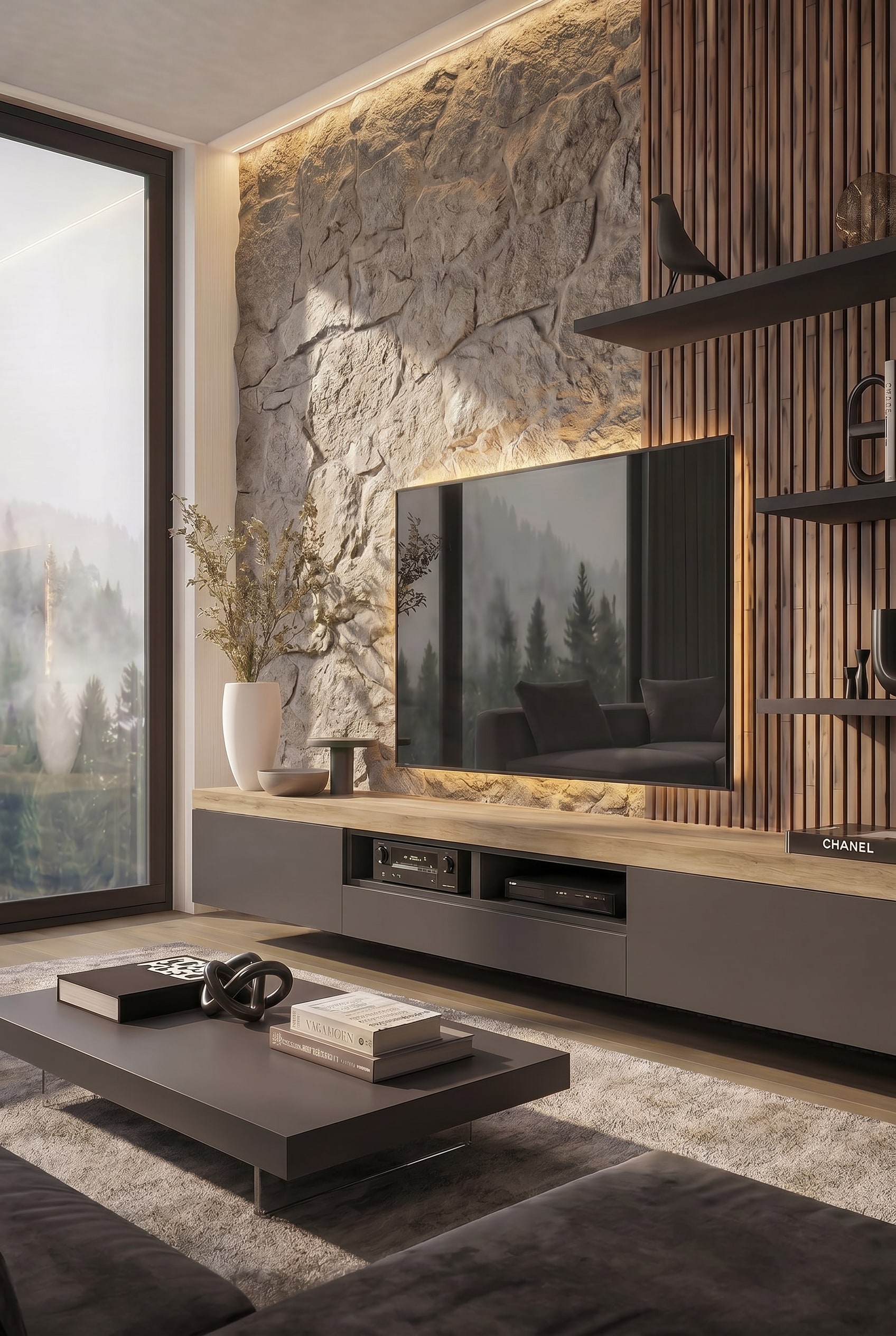 Salon avec meuble TV bas gris, lamelles de bois et mur structur&eacute; aspect b&eacute;ton derri&egrave;re la t&eacute;l&eacute;vision