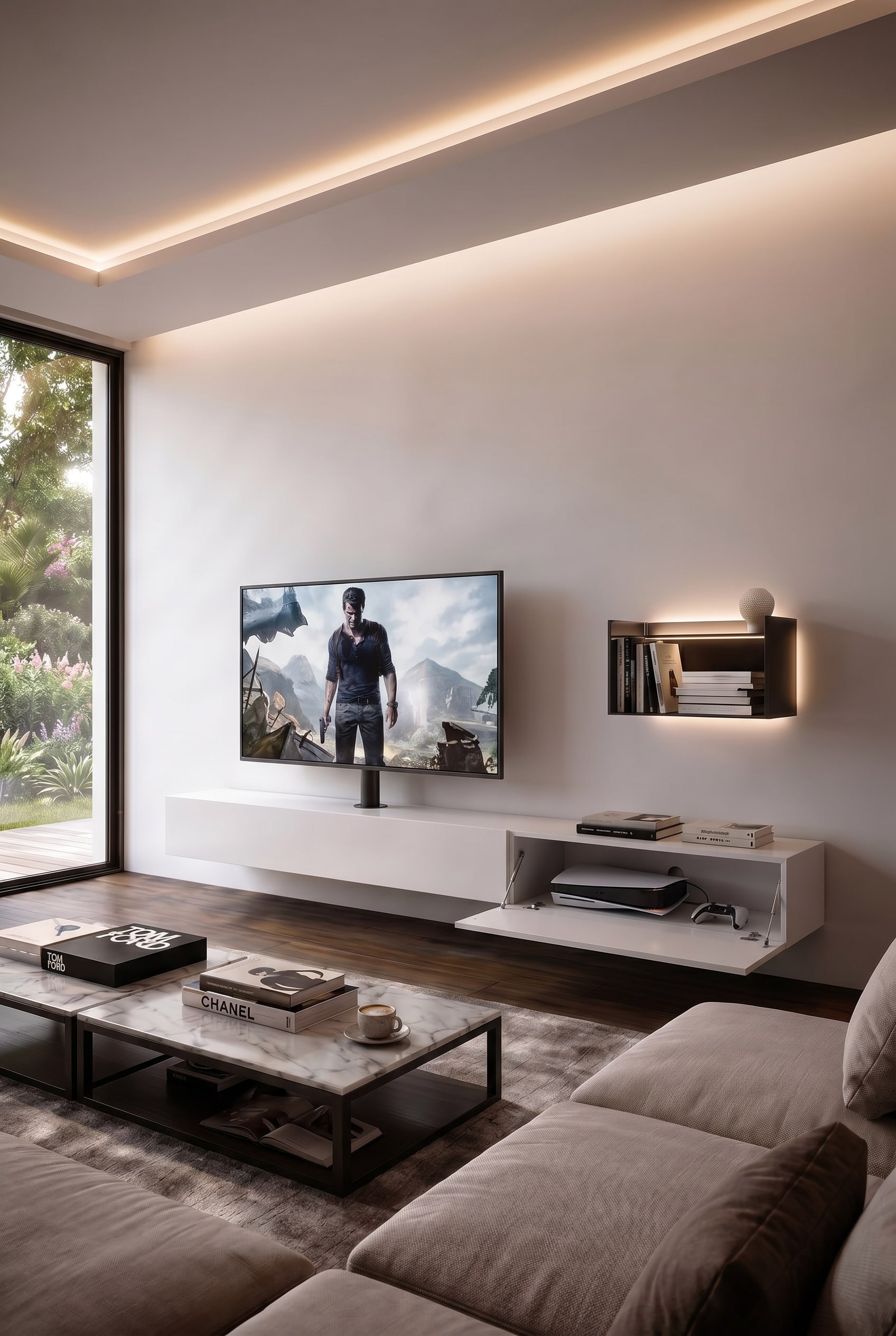 Salon minimaliste avec meuble bas blanc mat, t&eacute;l&eacute;vision et table basse moderne