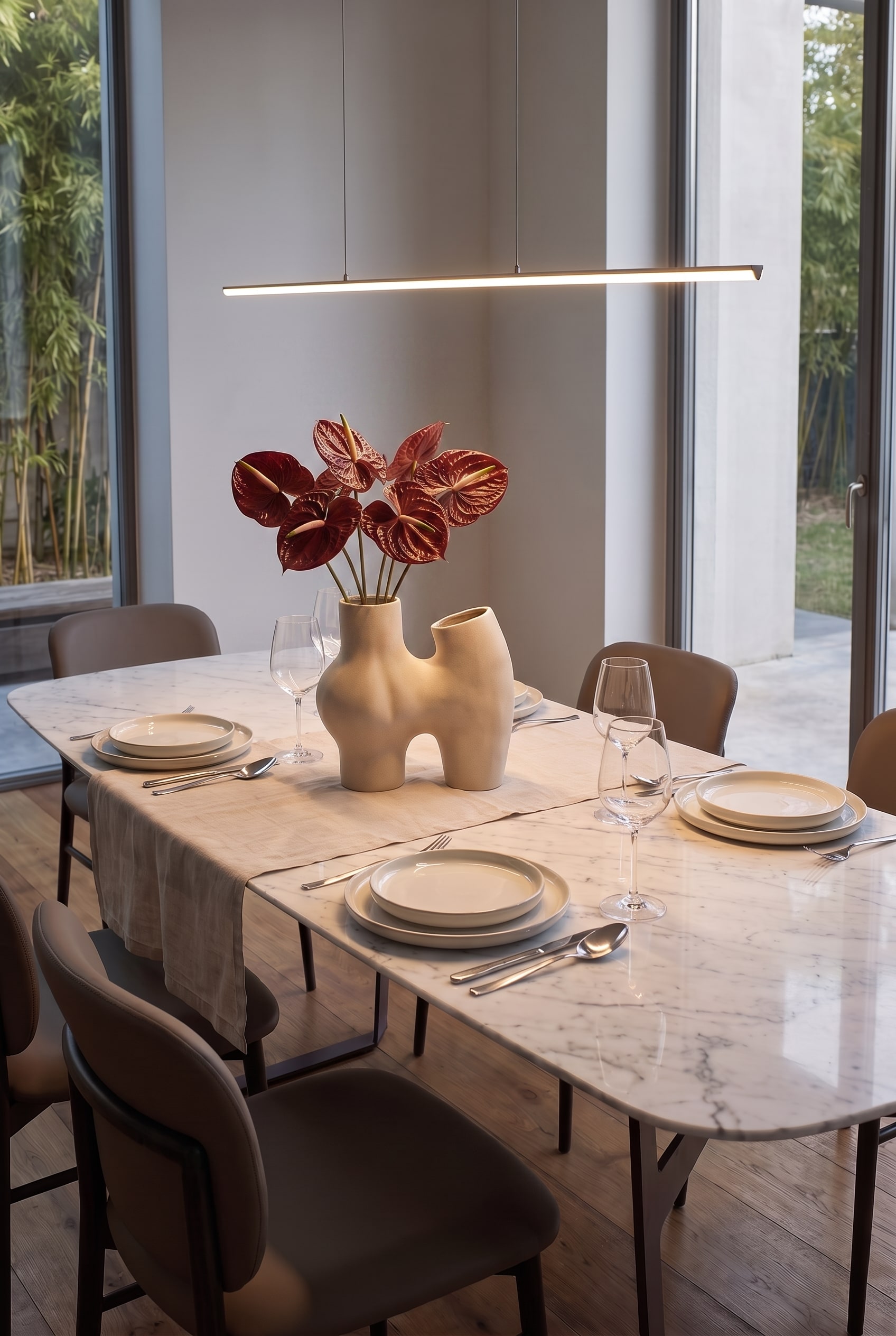 Table dressée avec un vase en céramique sculptural et abstrait, des anthuriums rouges, des assiettes modernes et des verres à vin sur un chemin de table en lin.