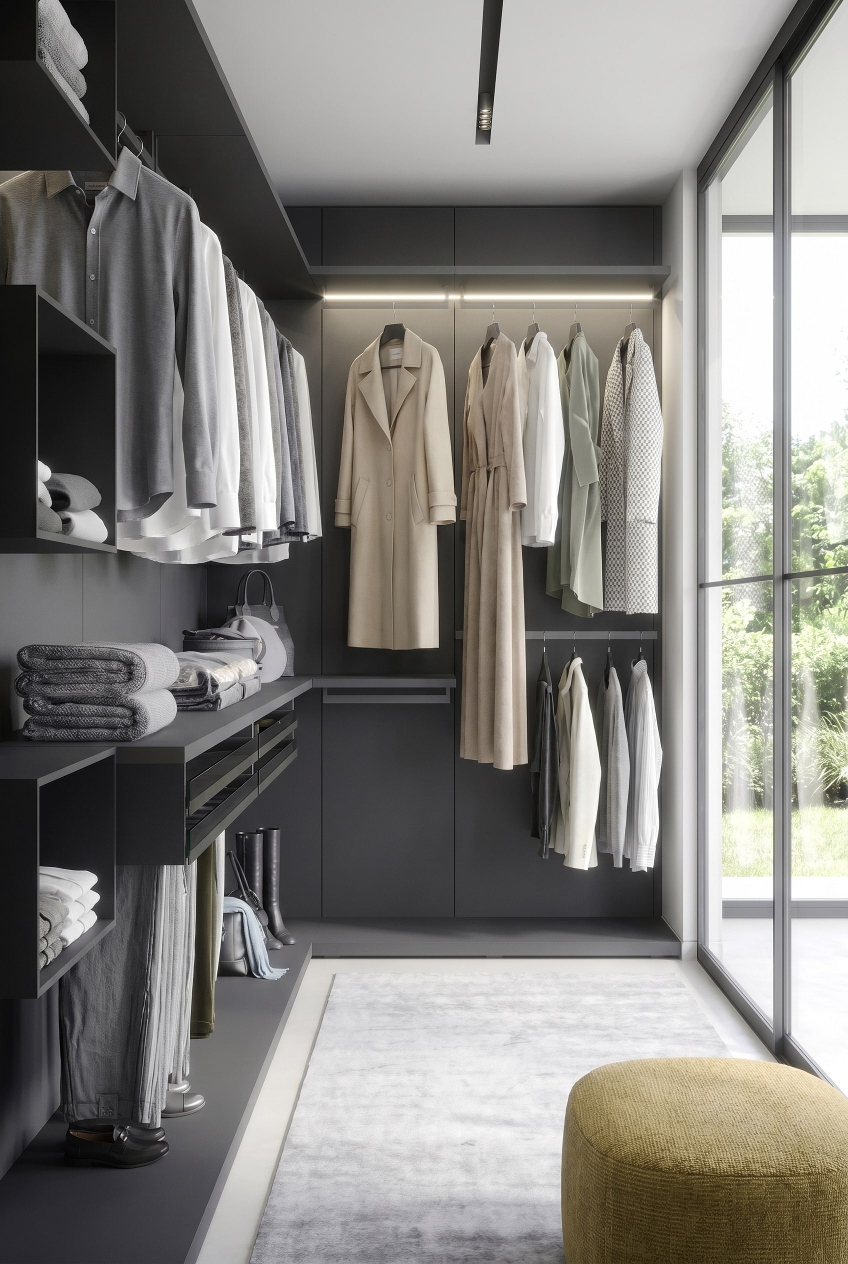Système de dressing ouvert sombre avec des zones de suspension parfaitement réparties pour les chemises et les longs manteaux, éclairage LED intégré dans les étagères