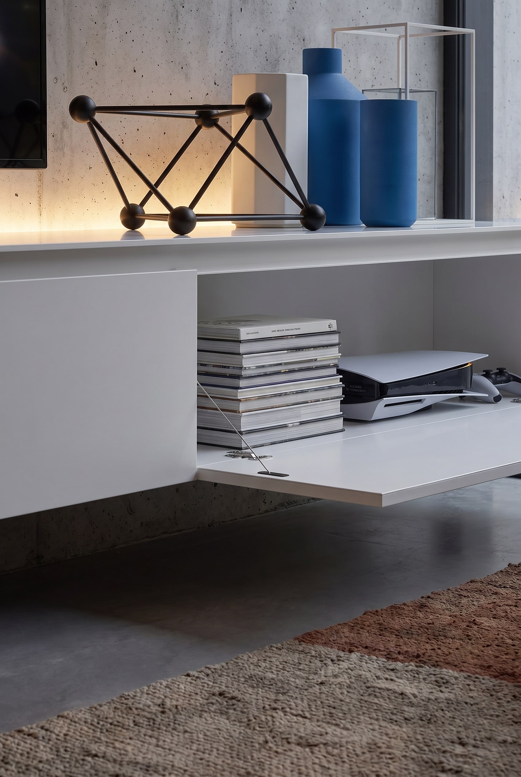 Compartiment ouvert d'un meuble bas blanc avec des livres empilés et une console de jeux moderne.