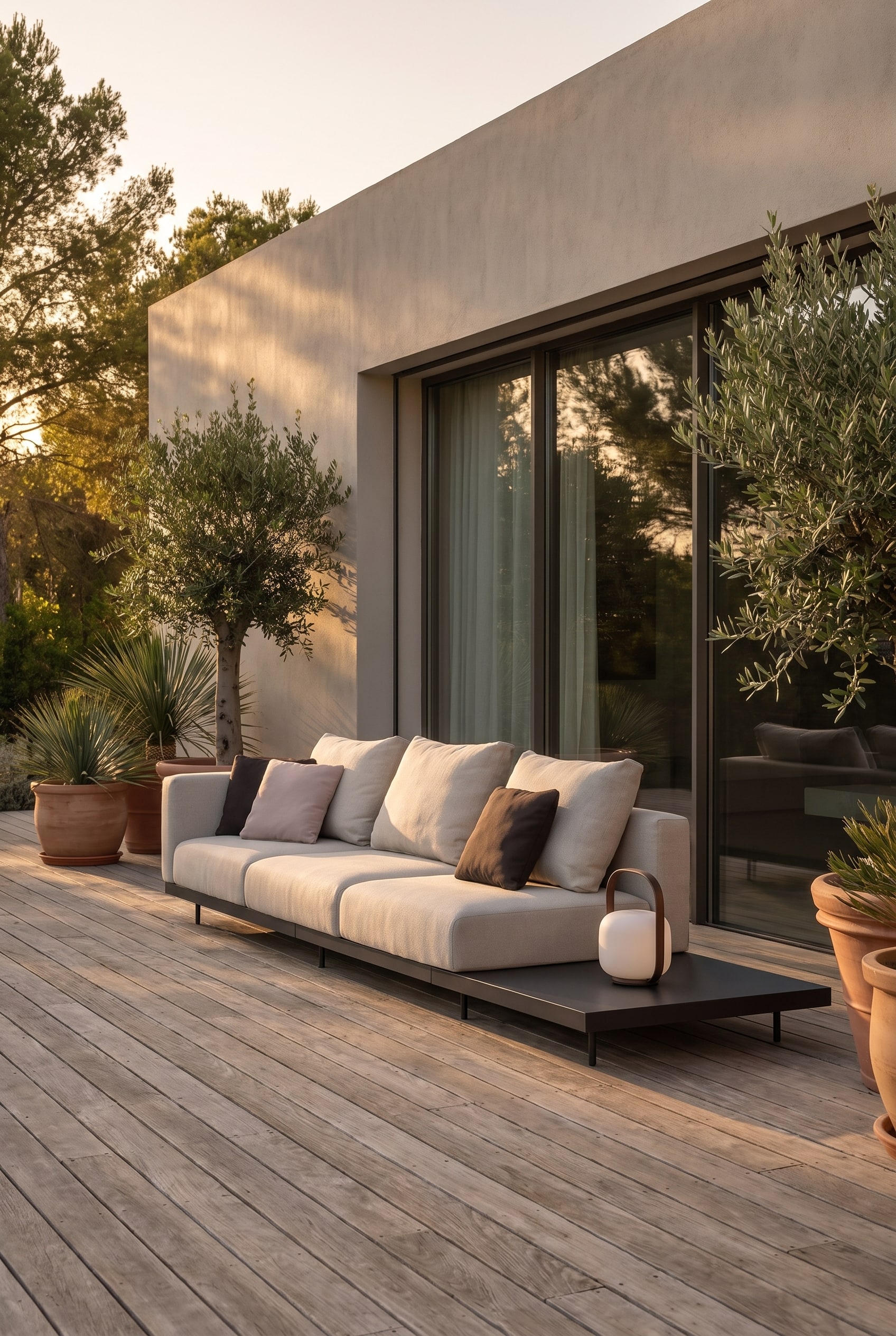 Terrasse en bois avec un coin salon ombragé, équipé d'un grand canapé modulable d'extérieur beige devant un mur de maison moderne et stylisé