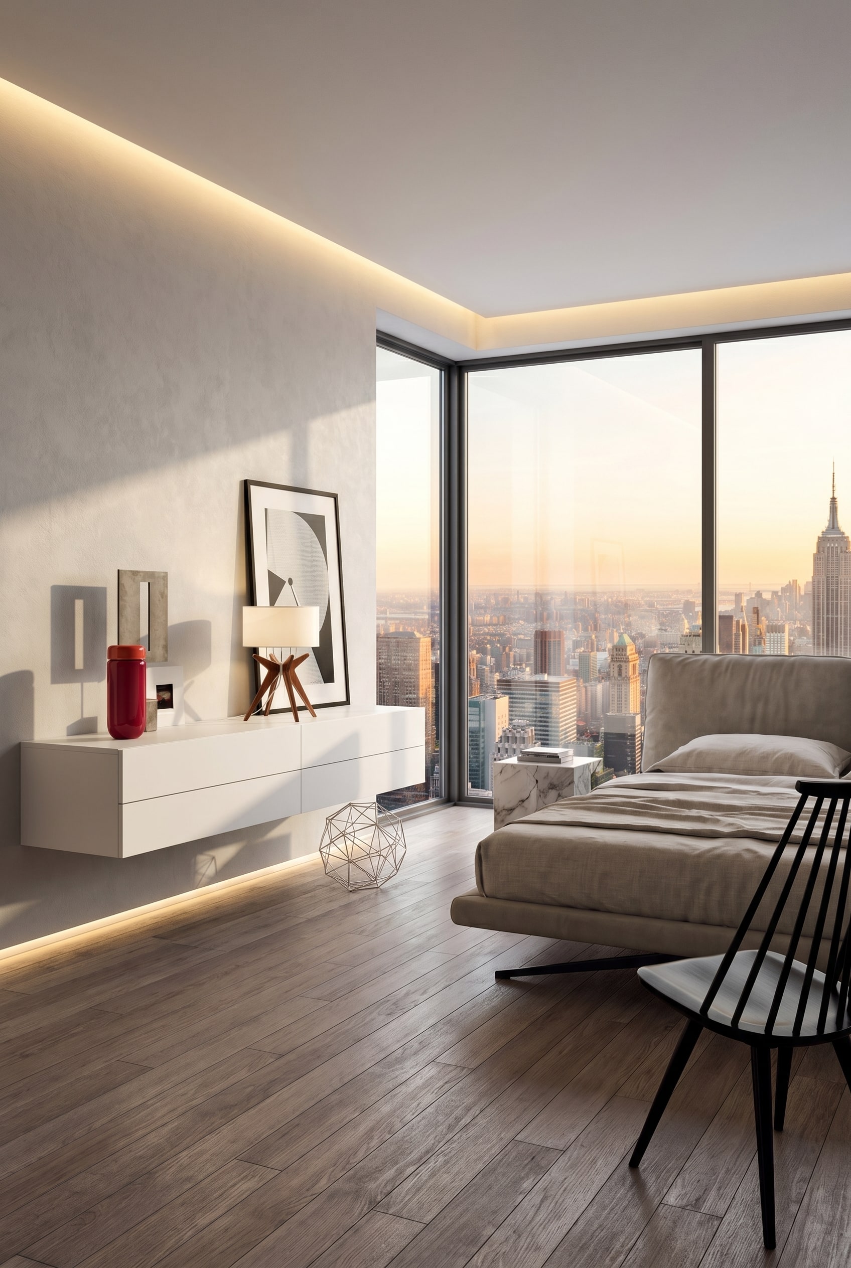 Une commode suspendue sans poign&eacute;e avec quatre tiroirs dans un espace de vie ordonn&eacute;.