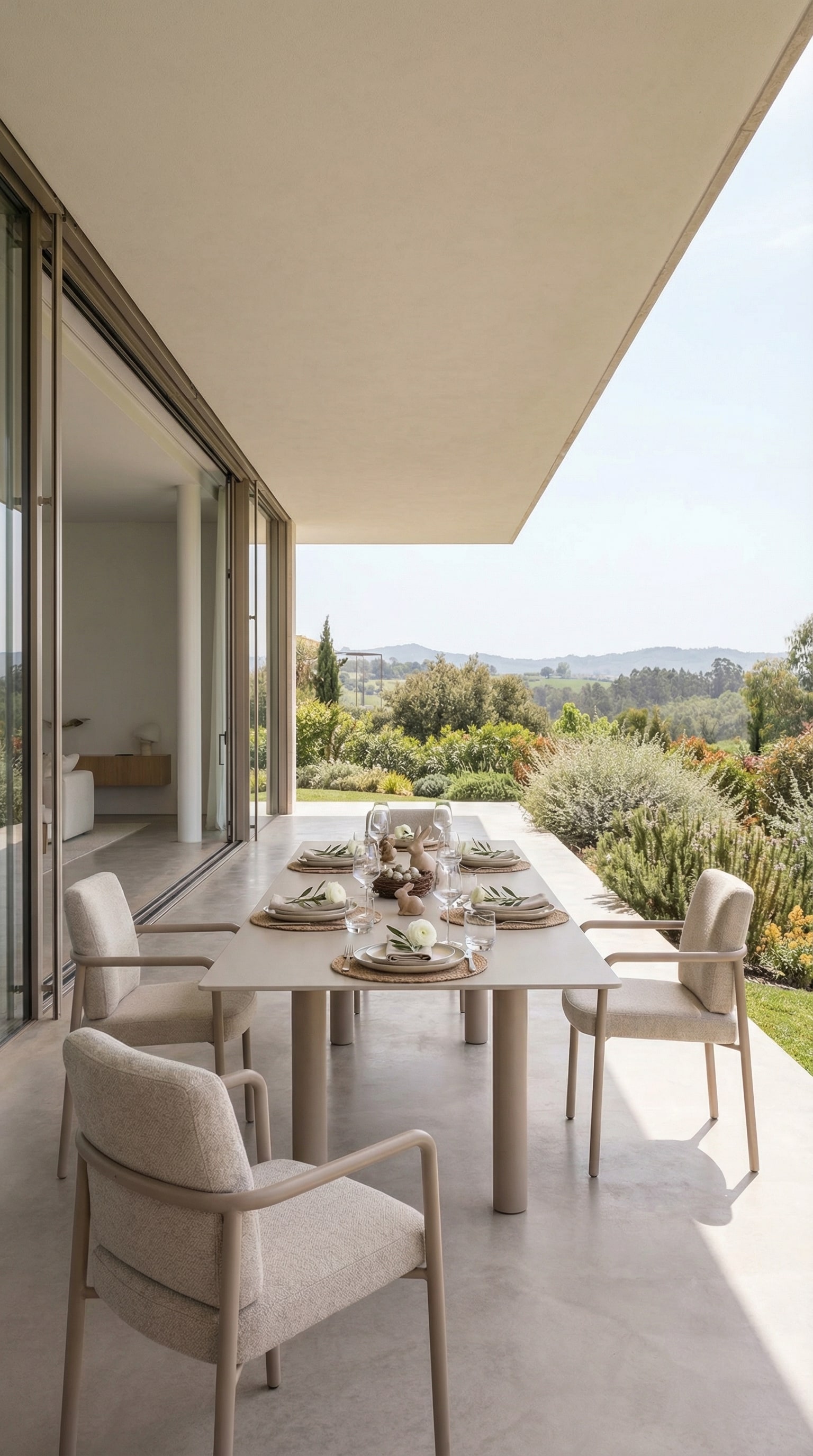 Uitschuifbare, moderne outdoor eettafel op een ruim terras