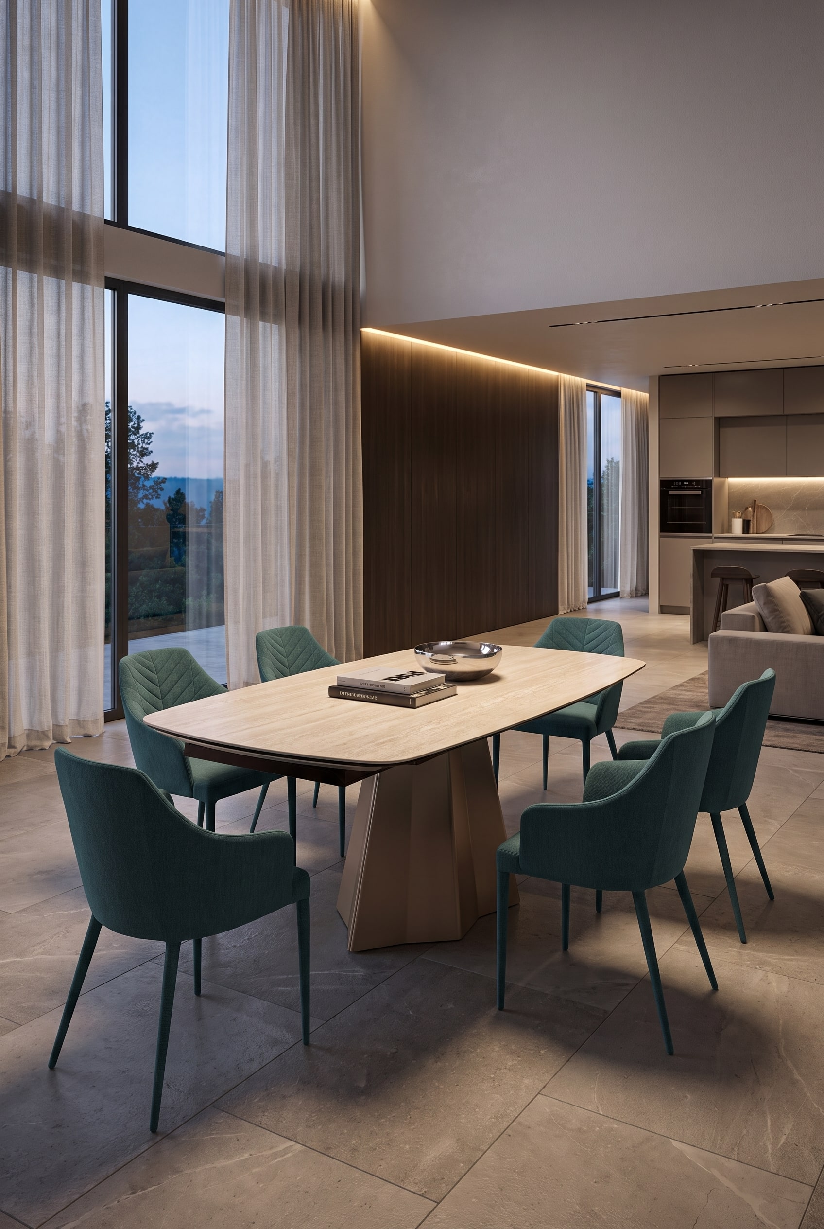 Salle &agrave; manger lumineuse avec une table &agrave; manger design extensible, six chaises et un vase &eacute;l&eacute;gant