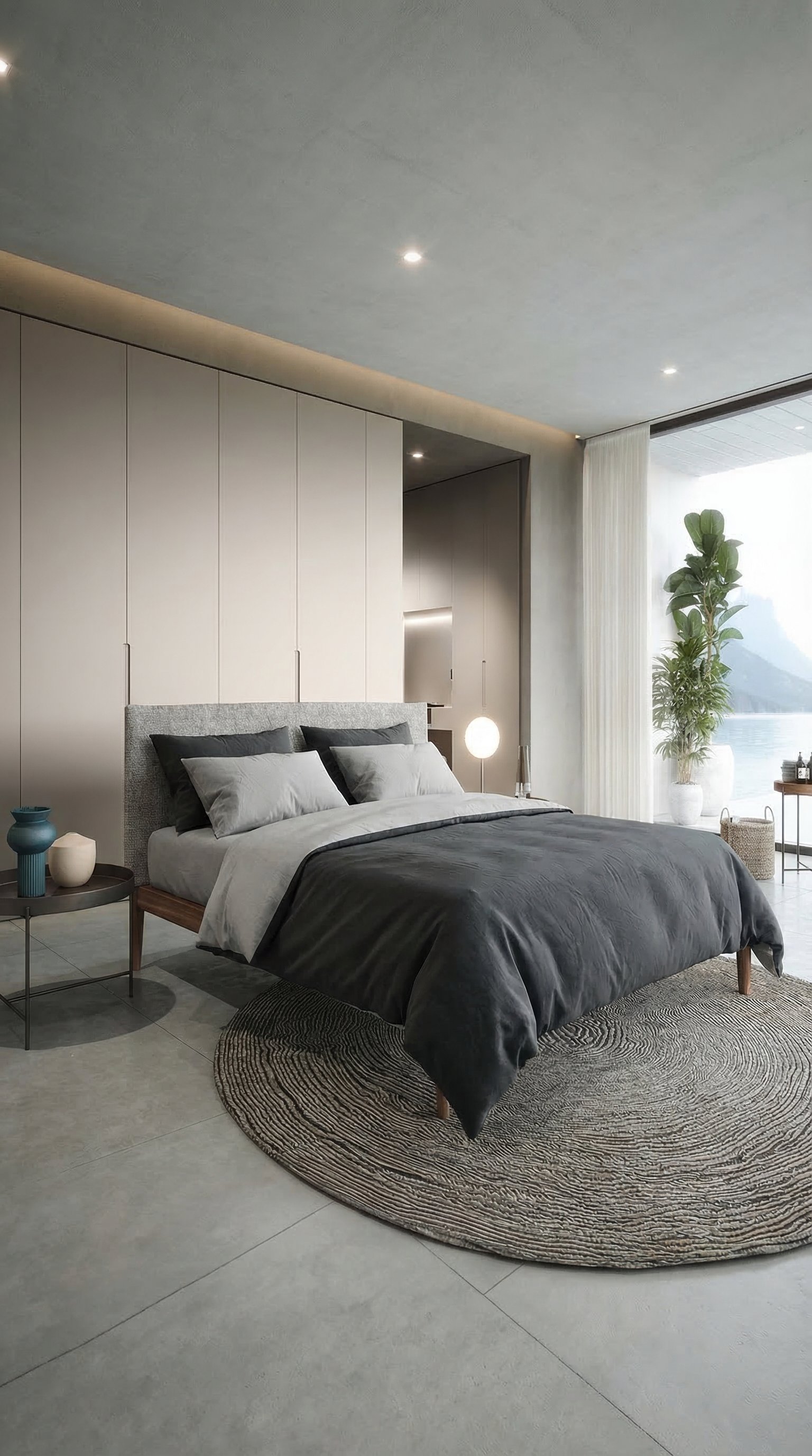 Moderne slaapkamer met tweekleurig omkeerbaar beddengoed in grijs