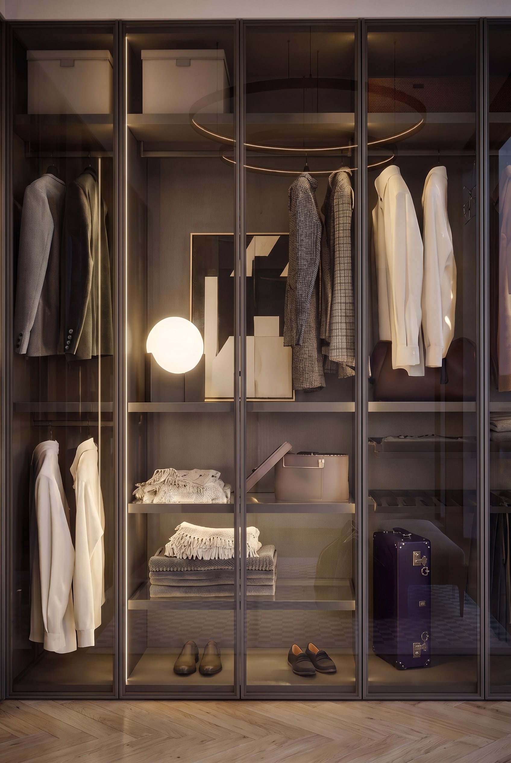 Vue d&eacute;taill&eacute;e de l'armoire Novamobili Perry avec des v&ecirc;tements ordonn&eacute;s, d'&eacute;l&eacute;gantes bo&icirc;tes en cuir et une valise violette derri&egrave;re un verre fum&eacute;.