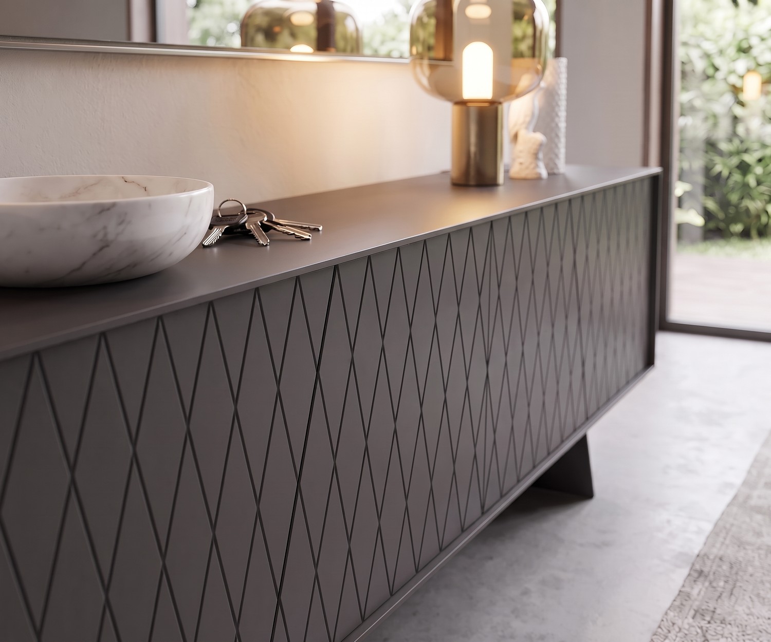 Buffet design al2 e-klipse 003 avec motif losange dans une entrée. Enfilade gris foncé avec coupelle en marbre.