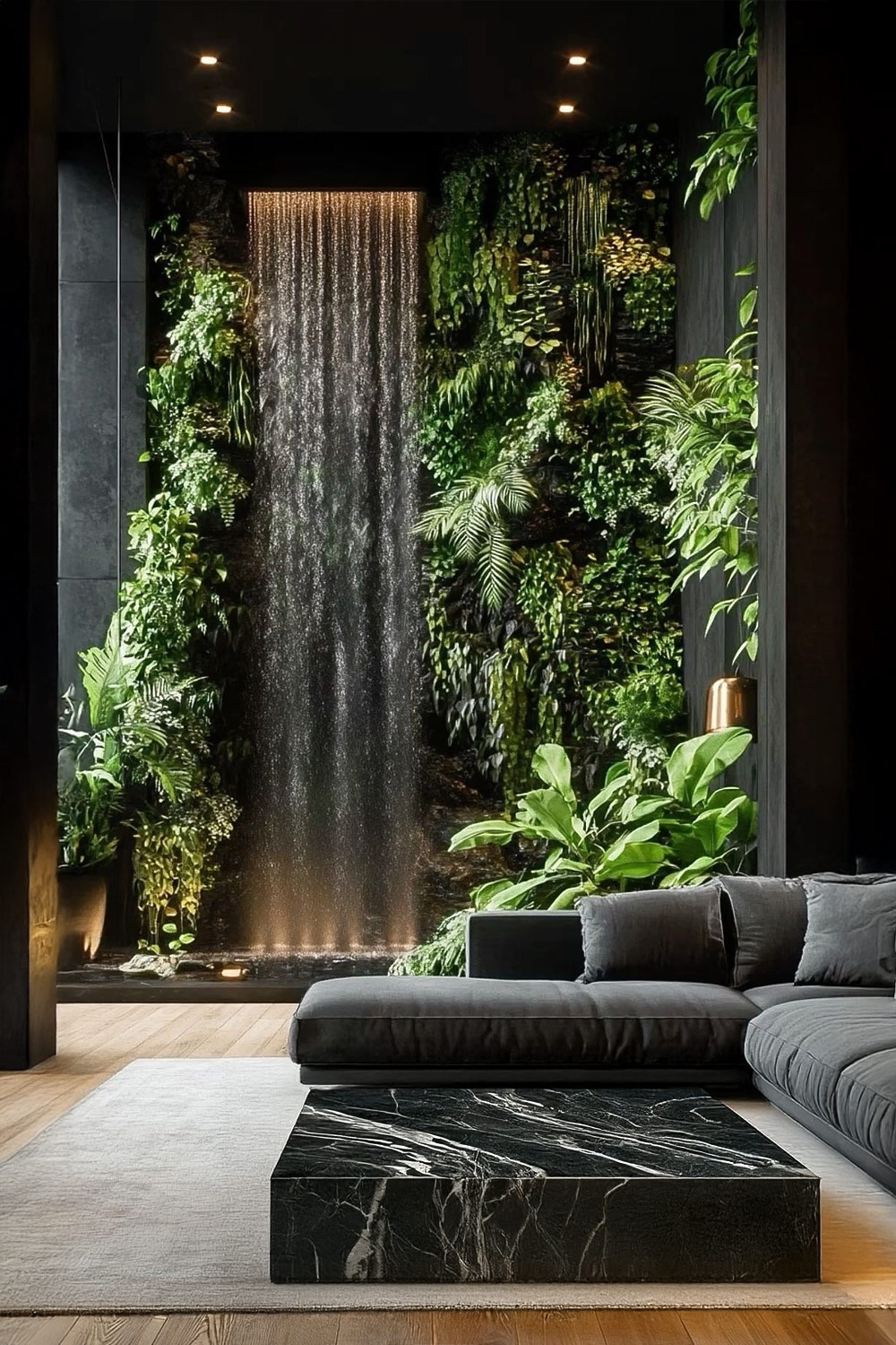 mur-jungle-avec-beaucoup-de-verdure-et-cascade-devant-une-table-assortie-en-materiau-naturel