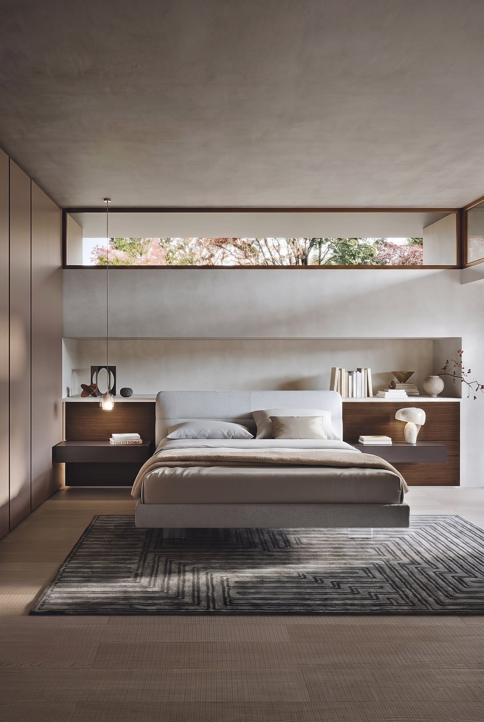 Zwei identische, minimalistische Nachttische mit je einer Schublade, die symmetrisch neben einem modernen Bett stehen und für optische Ruhe im Schlafzimmer sorgen.