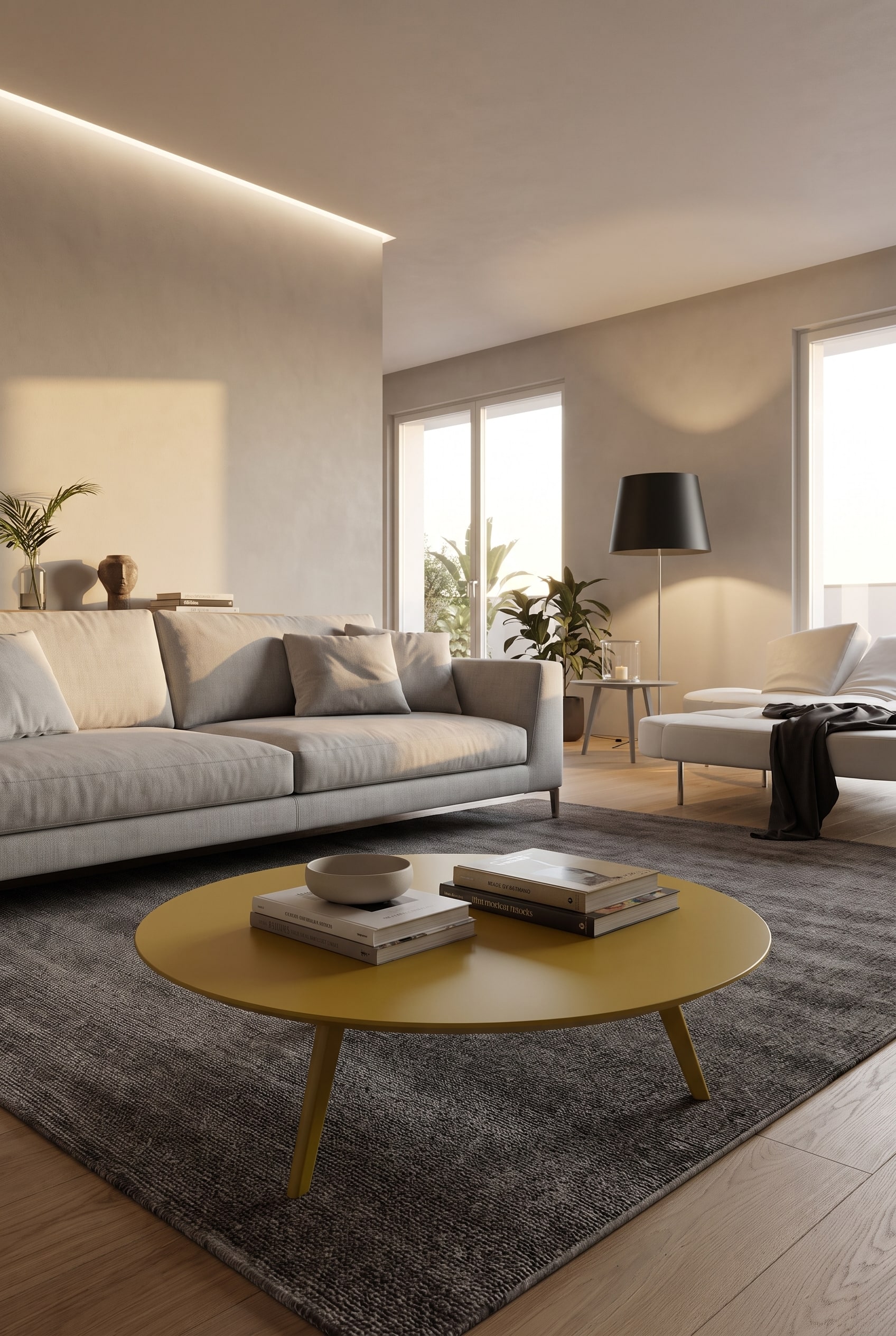 Une table basse jaune moutarde mate crée un fort contraste de couleur devant un canapé gris clair dans un salon moderne.