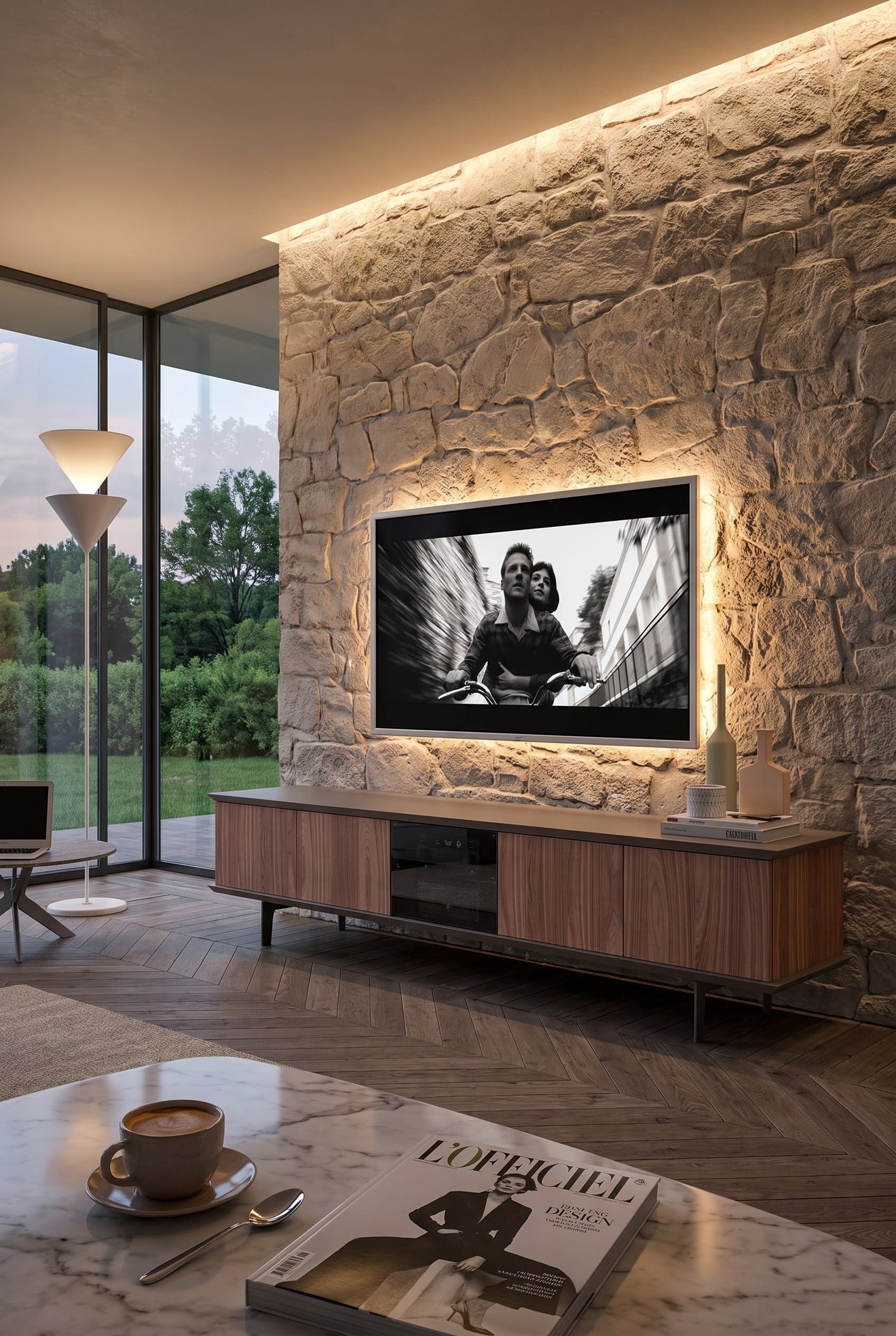 Salon avec meuble TV bas et fa&ccedil;ade acoustique devant un mur en pierre naturelle, grand &eacute;cran plat, tasse de caf&eacute; sur la table, vue sur la verdure